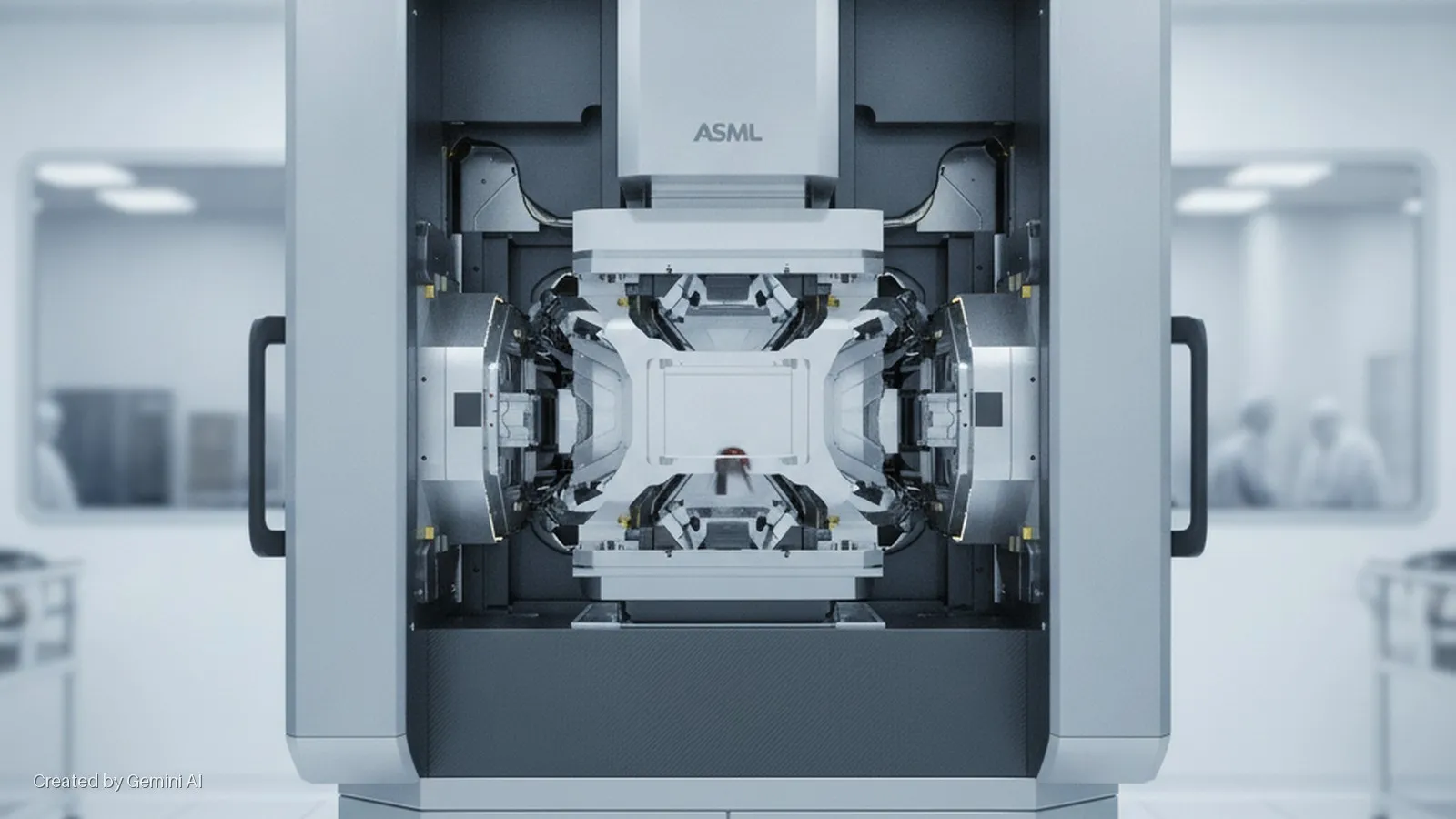 A grey ASML industrial machine with an illuminated central chamber and a red glow, set in a bright cleanroom with blurred personnel and lab equipment visible through side panels.