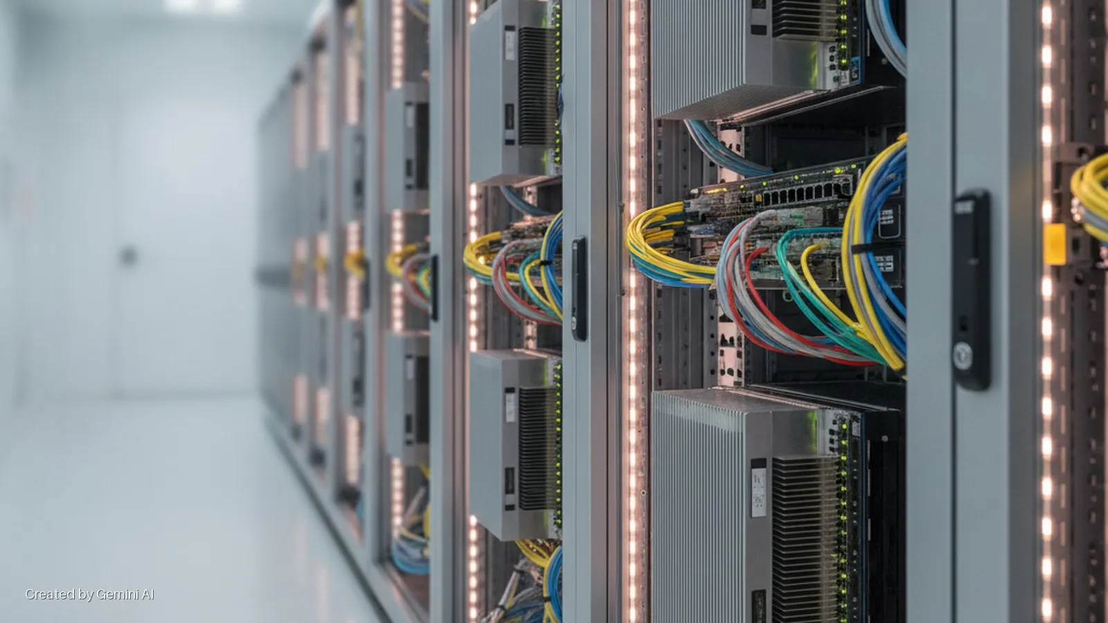 A bright server room shows multiple server racks with colorful network cables and integrated LED lighting, blurring into the distance.