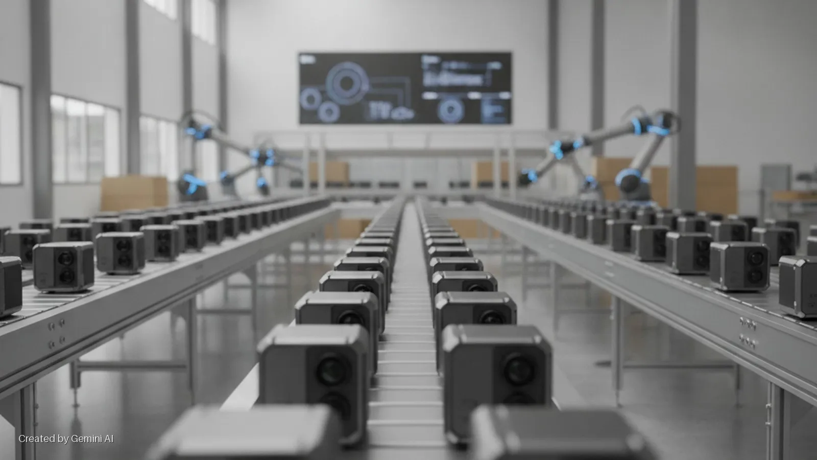 Rows of compact grey devices with dual lenses move on conveyor belts in a brightly lit factory with robotic arms and a large digital display screen in the background.
