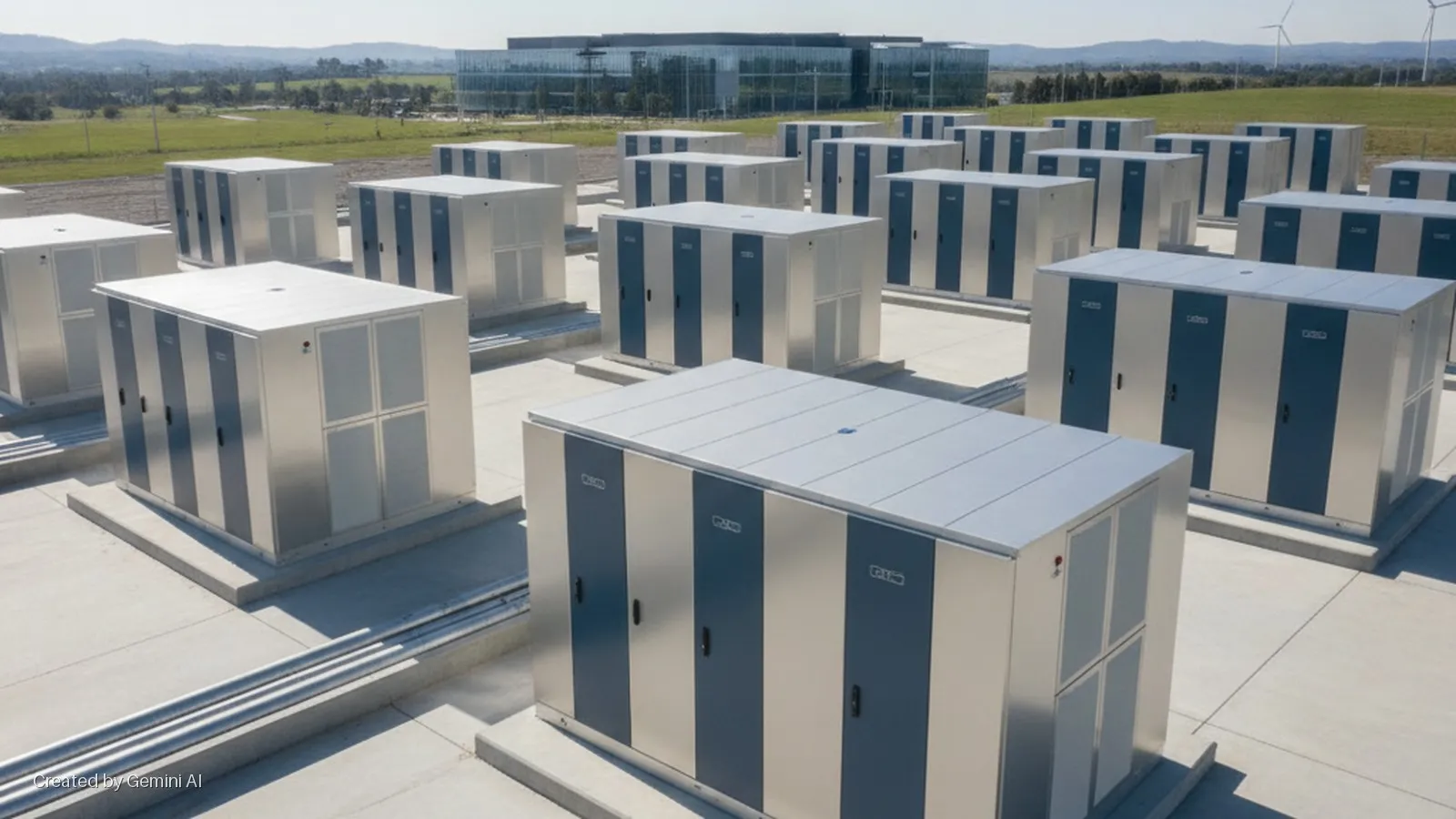 Numerous Tesla Megapack battery storage units are arranged on concrete pads outdoors under bright daylight, with a modern glass building, wind turbines, and green hills in the distance.