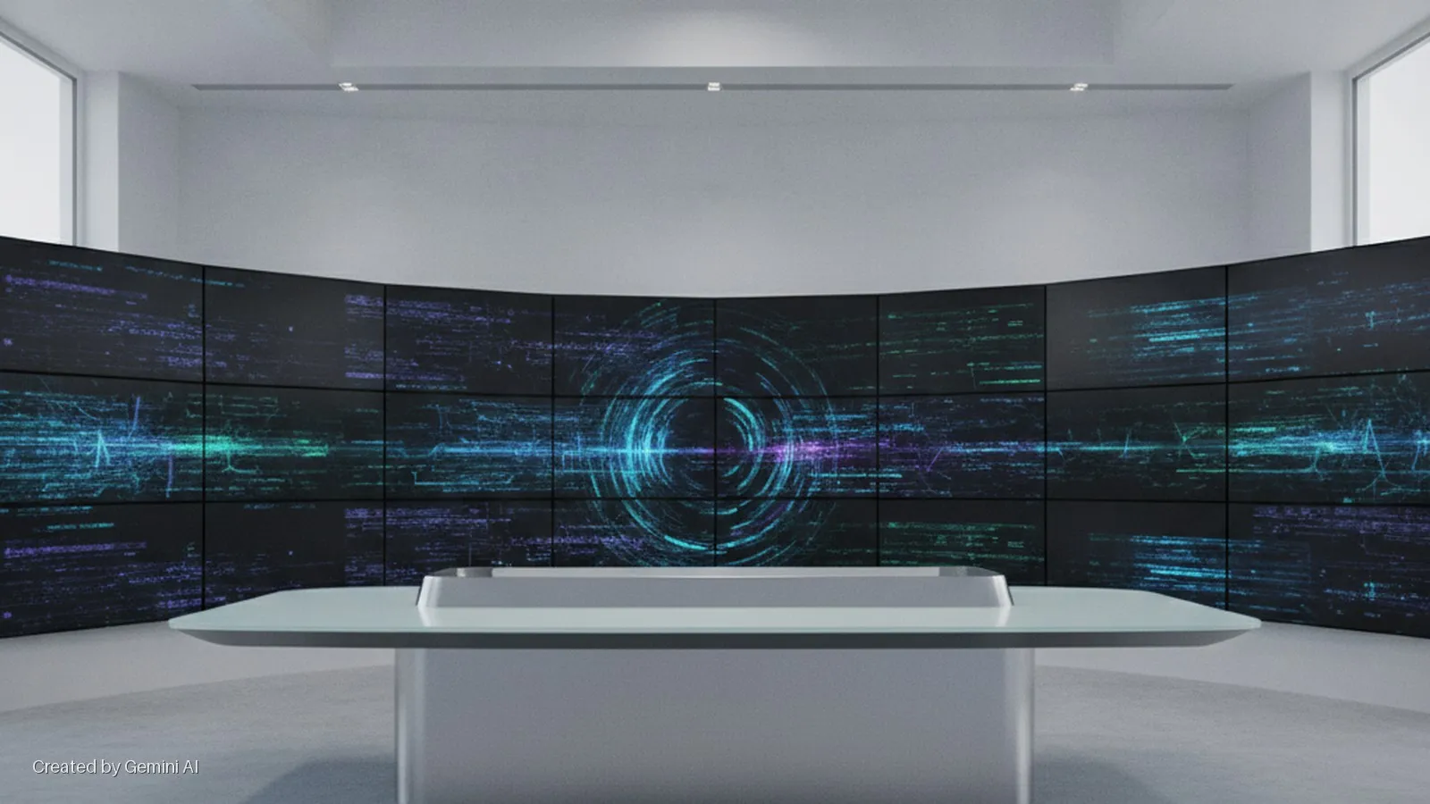 A brightly lit modern studio features a large, curved video wall displaying abstract blue and green digital data graphics with a central swirling pattern, and a sleek, light gray desk in the foreground.