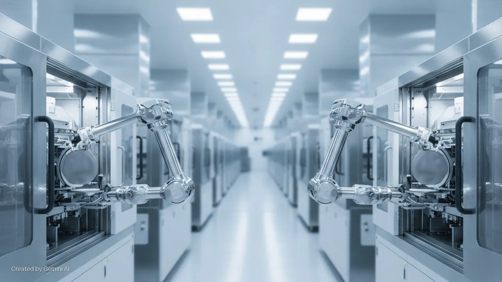 Two robotic arms position circular wafers within manufacturing machines lining a brightly lit, sterile cleanroom corridor.