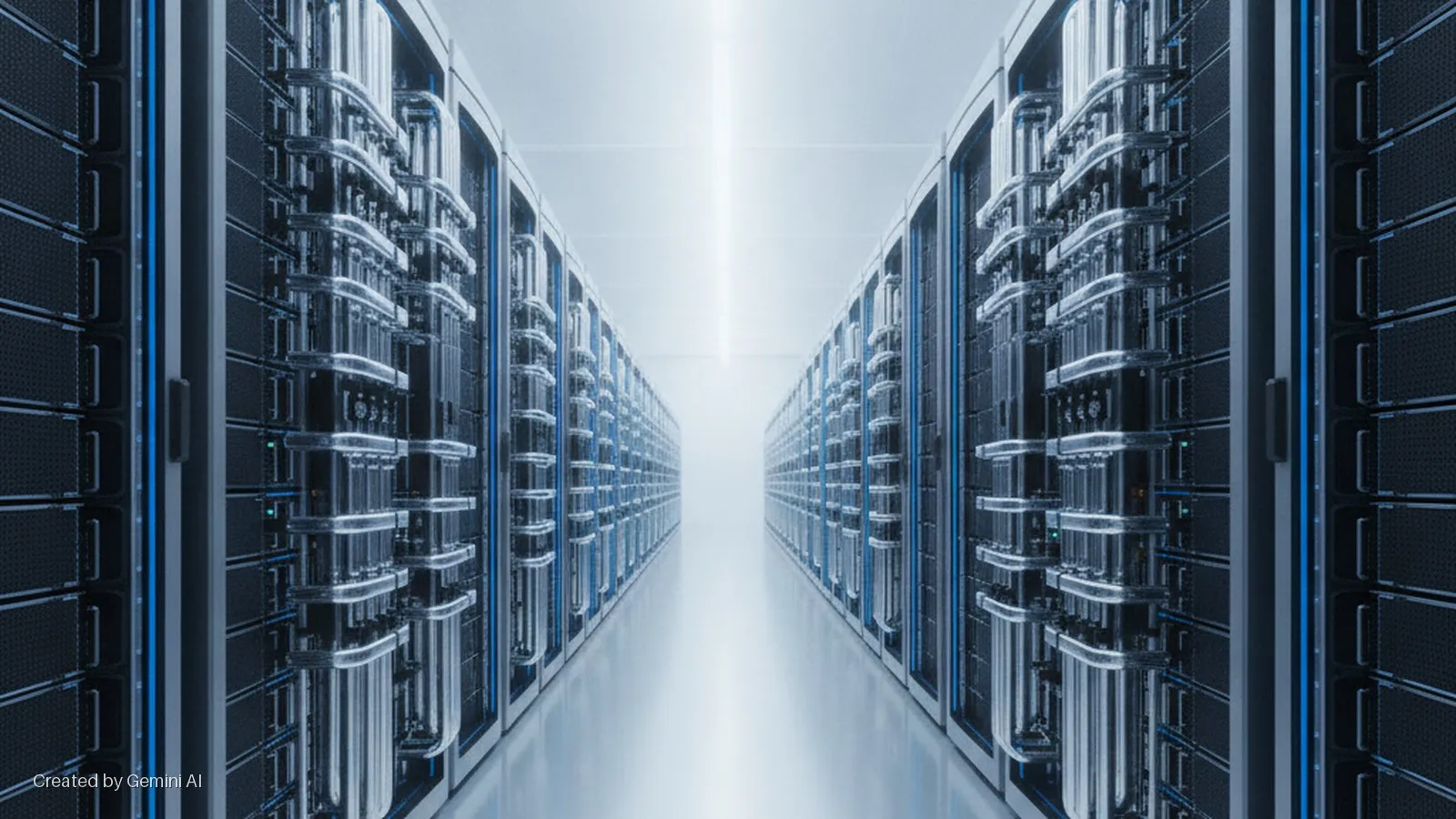 A symmetrical data center aisle with two long rows of tall, dark server racks featuring prominent silver liquid cooling systems, brightly illuminated by a central overhead light strip.
