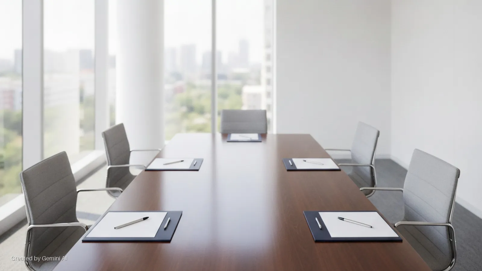 A brightly lit modern conference room features a long wooden table, seven grey office chairs, and individual clipboards with pens, set against large windows with a blurred city view.