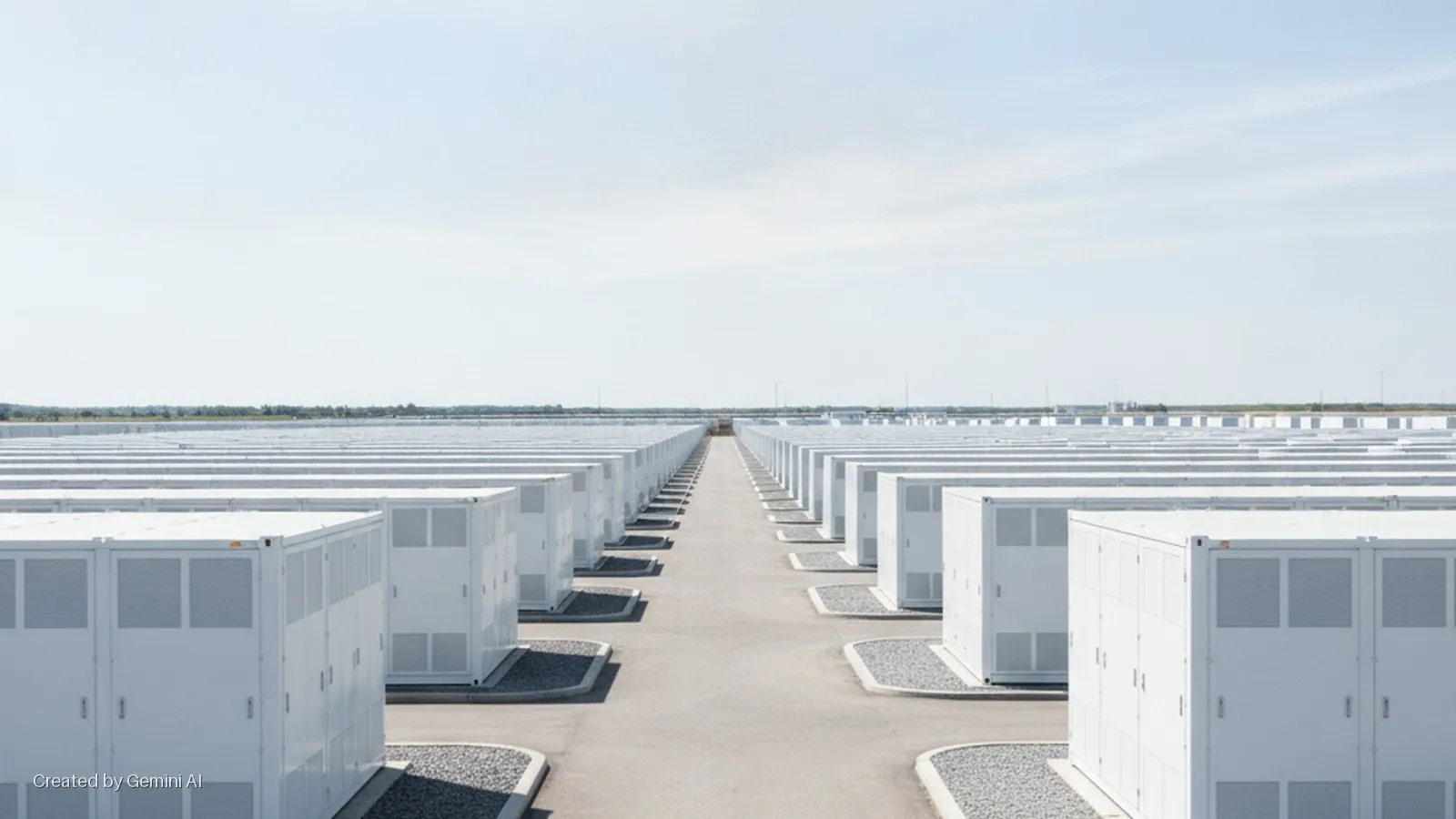 Parallel rows of white modular container units line paved roads with gravel shoulders, stretching into the distance under a vast, bright daytime sky with a distant treeline.