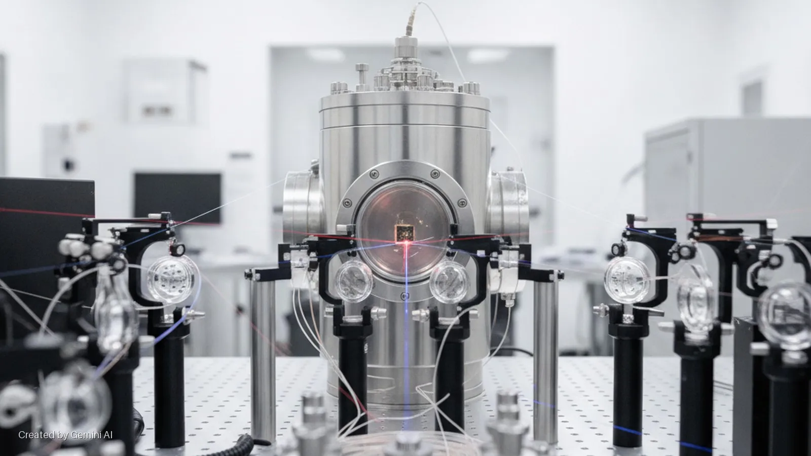 A brightly lit modern laboratory shows a large, central cylindrical metallic vacuum chamber with visible red and blue laser beams converging on a small chip-like component inside, surrounded by numerous optical elements mounted on a perfora