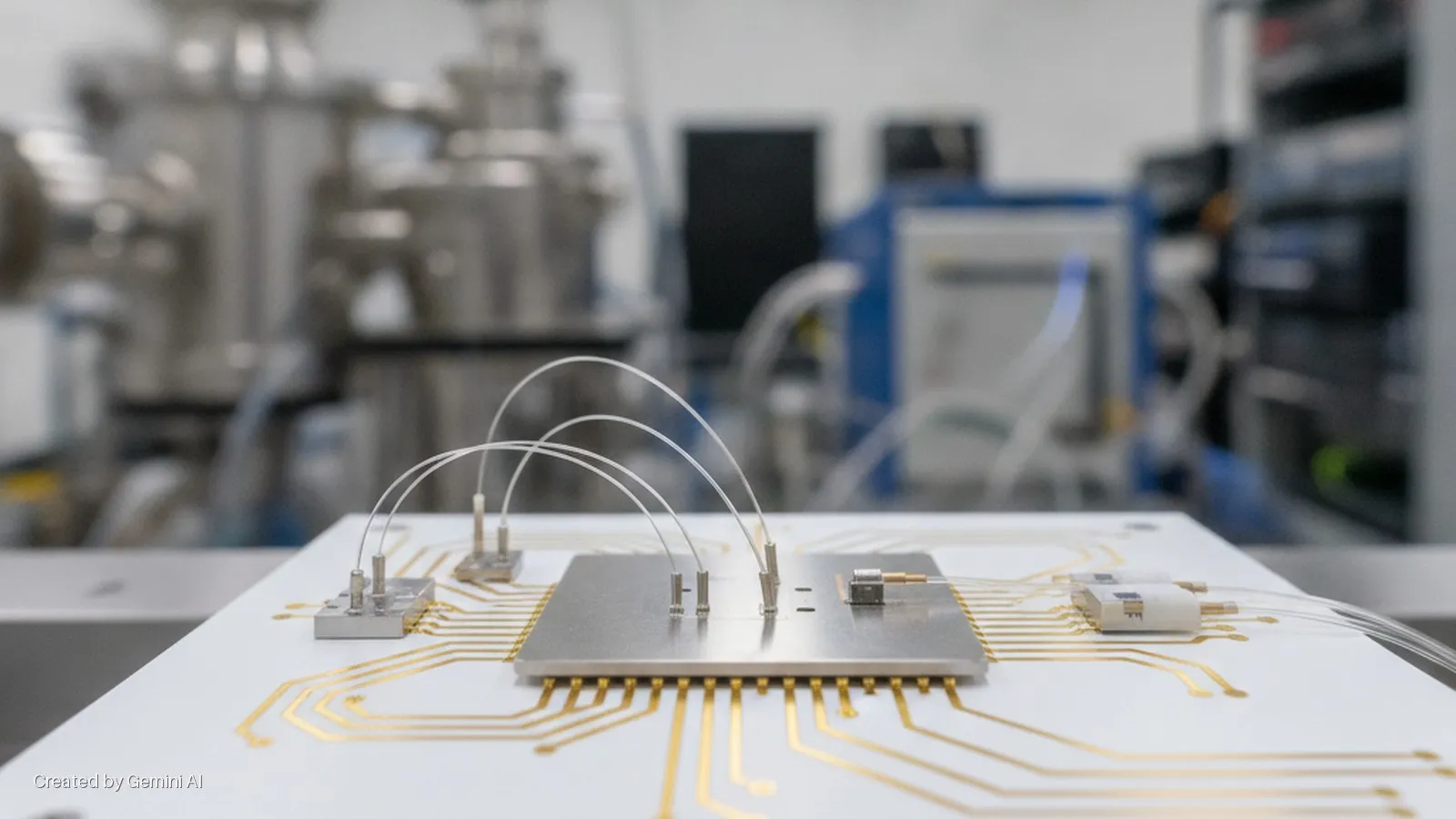 A brightly lit white circuit board with golden traces, a central metal plate, and multiple thin white wires connecting components is visible in a blurred laboratory background with scientific equipment.