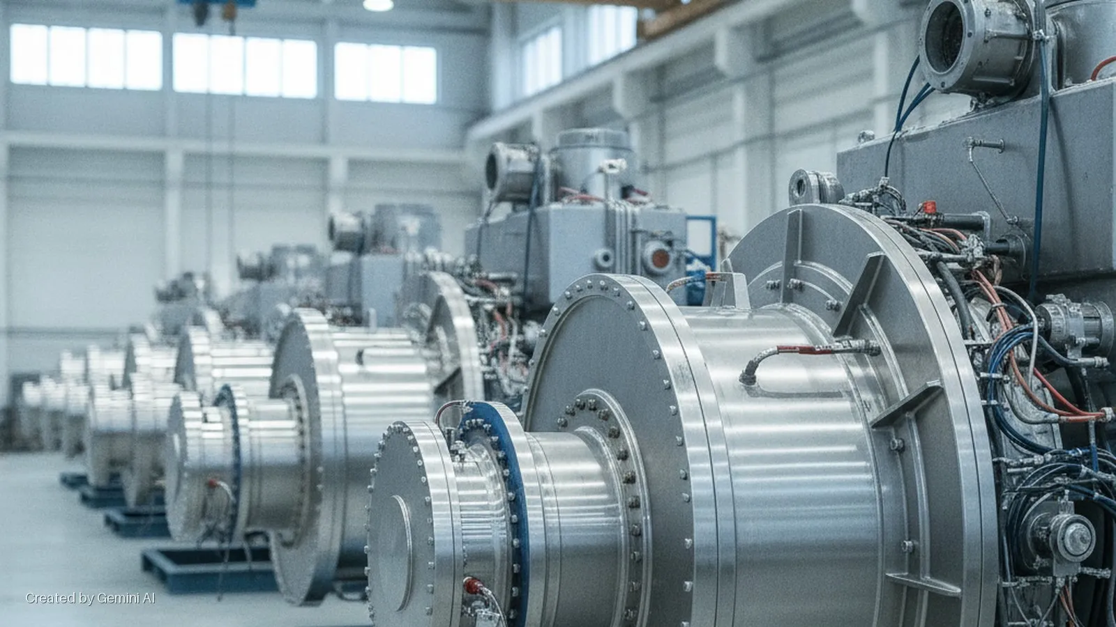 A row of large, gleaming silver industrial machinery with complex piping and wiring stands in a bright, naturally lit factory hall with large windows.