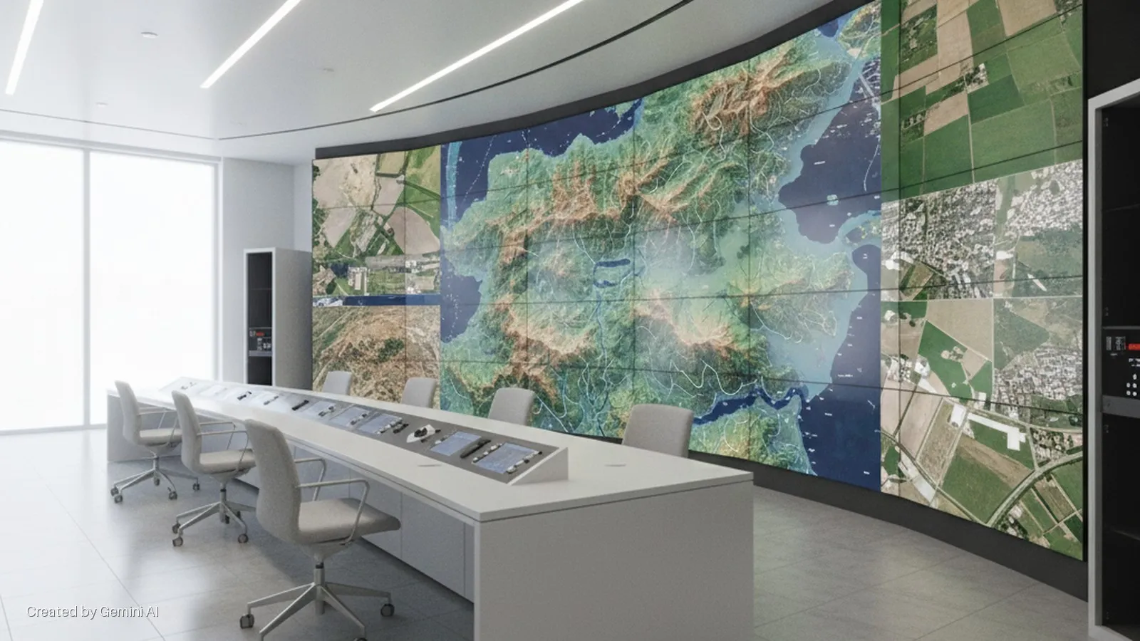 A modern control room features a large curved video wall displaying maps and aerial views, a long white console desk with embedded control panels, several light grey office chairs, and bright diffused lighting from ceiling fixtures and larg