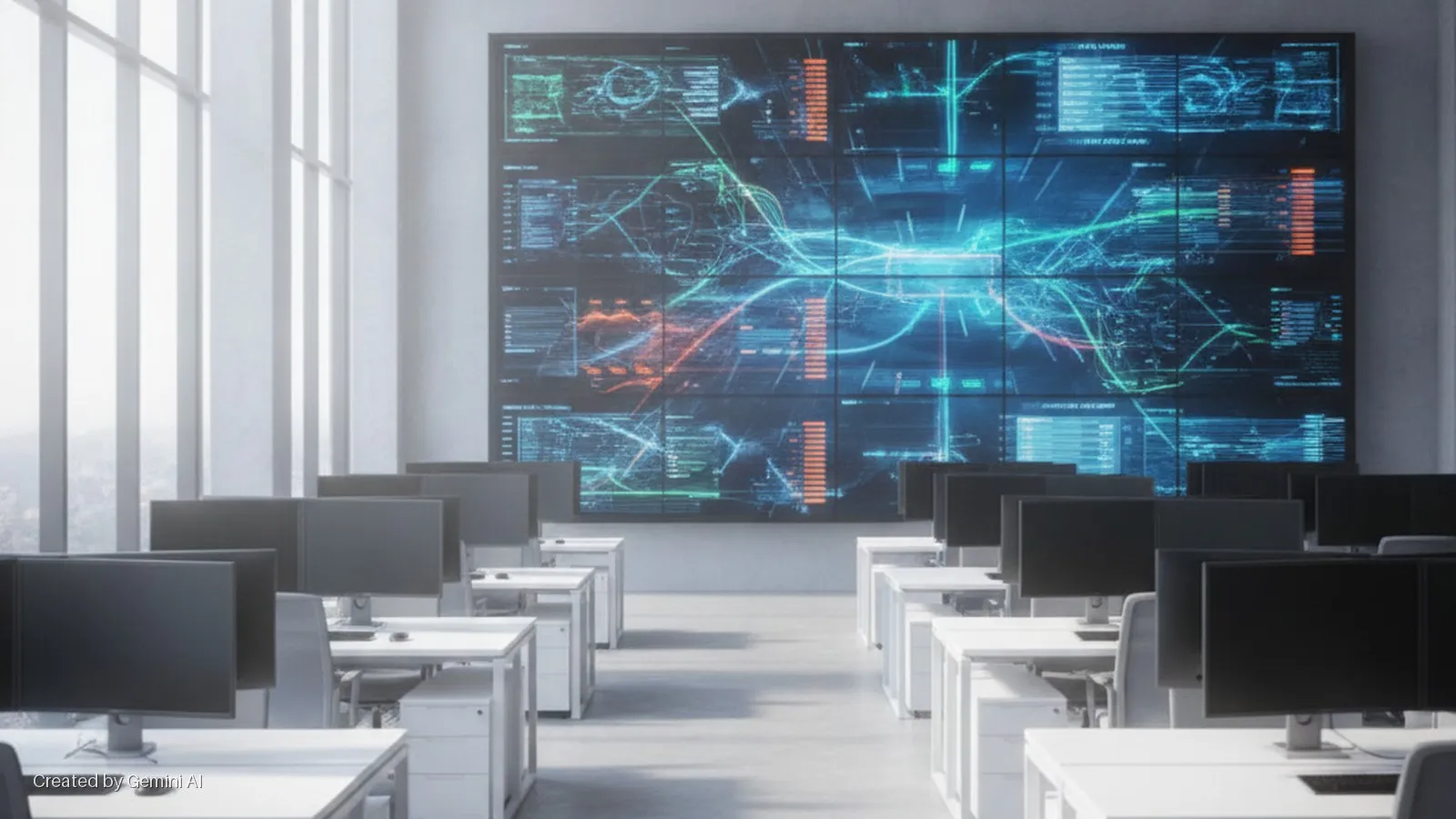 A bright modern control room with rows of white desks, multiple black computer monitors, and a large multi-panel screen displaying glowing blue, green, and orange data patterns, illuminated by tall windows.