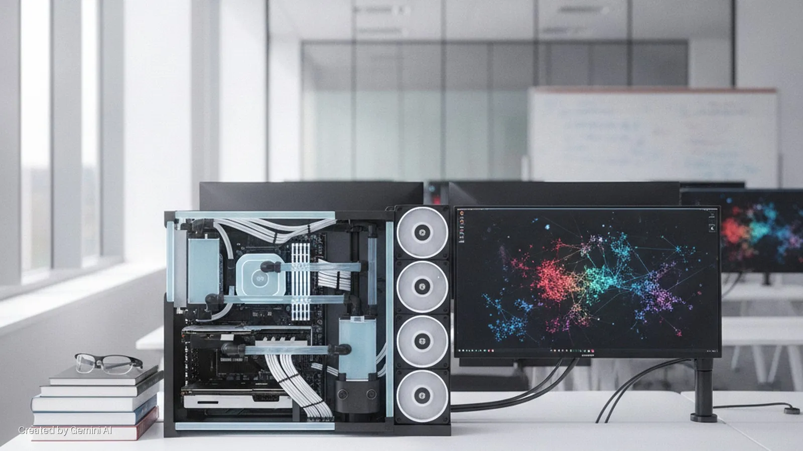 A custom water-cooled PC with light blue coolant and white cables sits on a white office desk next to a stack of books with eyeglasses, and a monitor displaying a colorful network graph, all brightly lit by large windows.