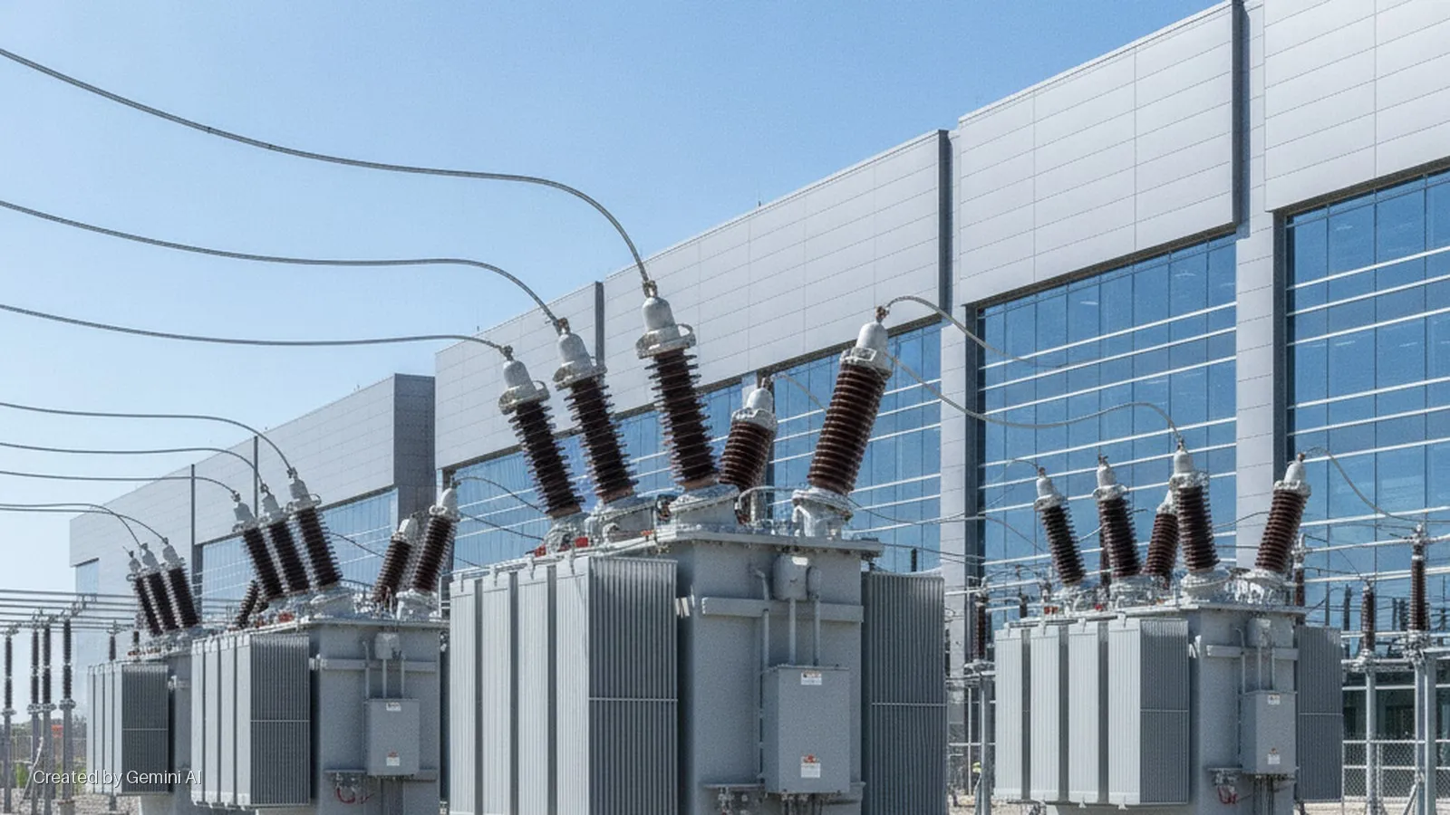Large grey electrical transformers with brown insulators and overhead power lines stand in an outdoor substation next to a modern building with a grey paneled facade and blue glass windows, under a clear blue sky.