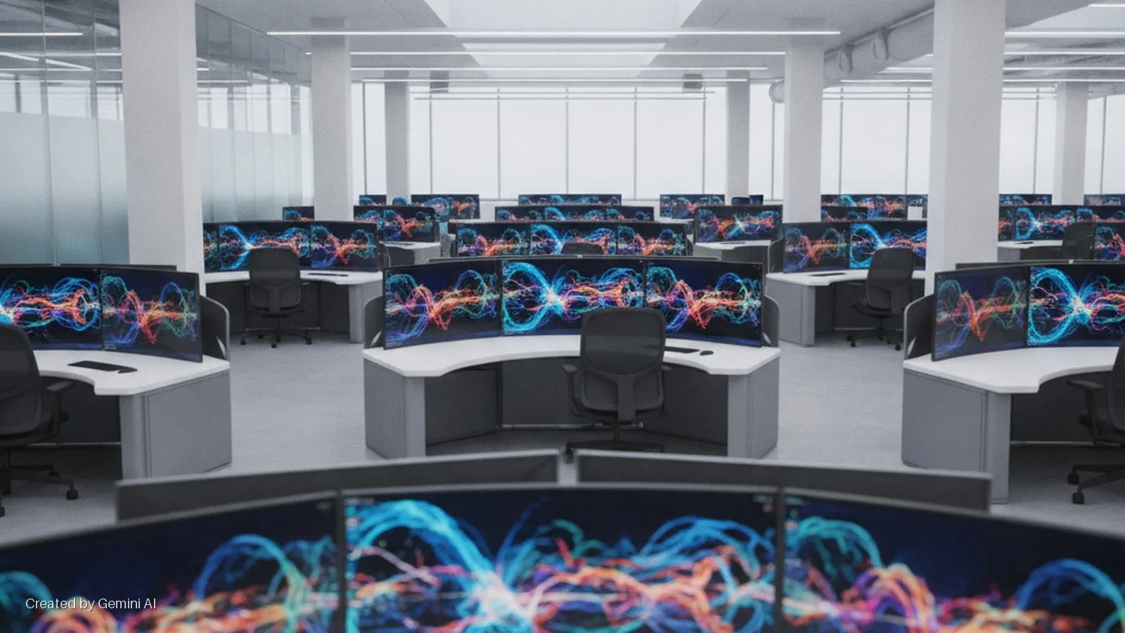 A brightly lit modern office features numerous workstations, each with multiple curved monitors displaying colorful abstract wave patterns, and black office chairs arranged in rows.