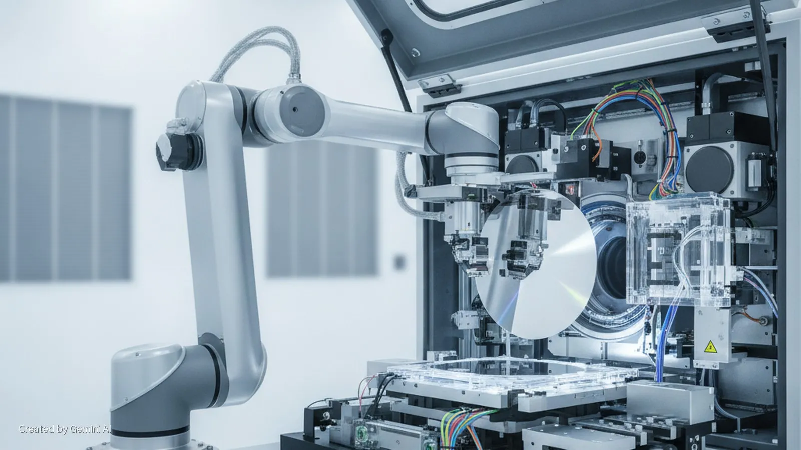 A grey robotic arm precisely places a large semiconductor wafer into intricate machinery with clear plastic casing and visible circuit boards, all brightly lit within a cleanroom environment.
