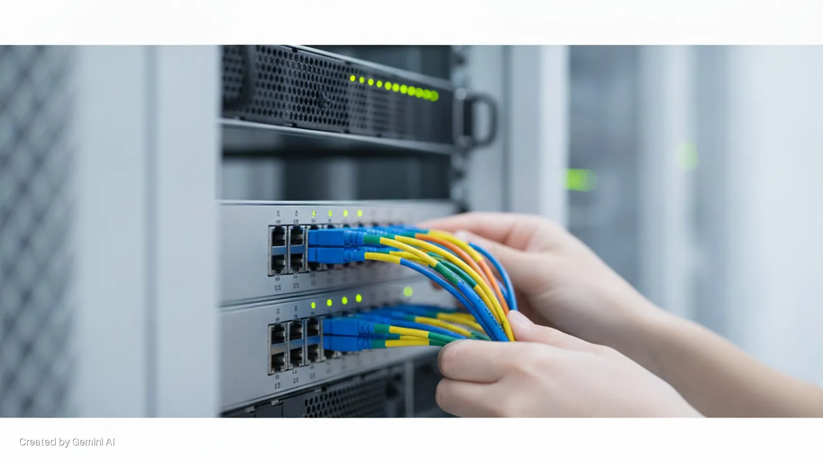 Hands connect colorful fiber optic cables into network switches with illuminated green lights within a brightly lit server rack.