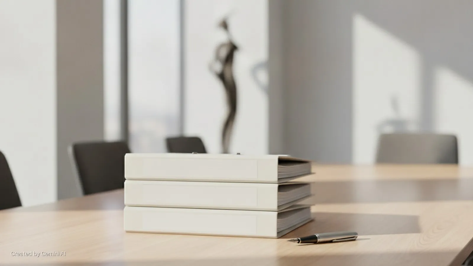 Three white binders stacked next to a silver pen on a light wood conference table, with sunlight casting shadows on the wall and a blurred statue and chairs in the background of a modern meeting room.