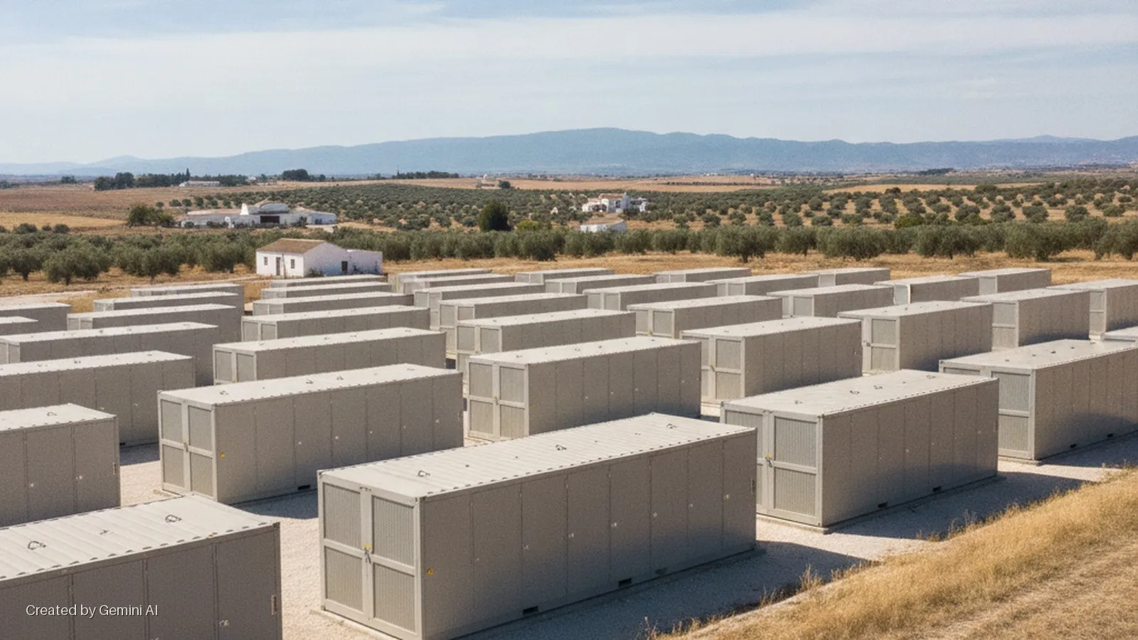 An array of grey battery storage containers sits in a rural landscape featuring olive groves, a white farmhouse, and distant mountains under a clear, bright sky.