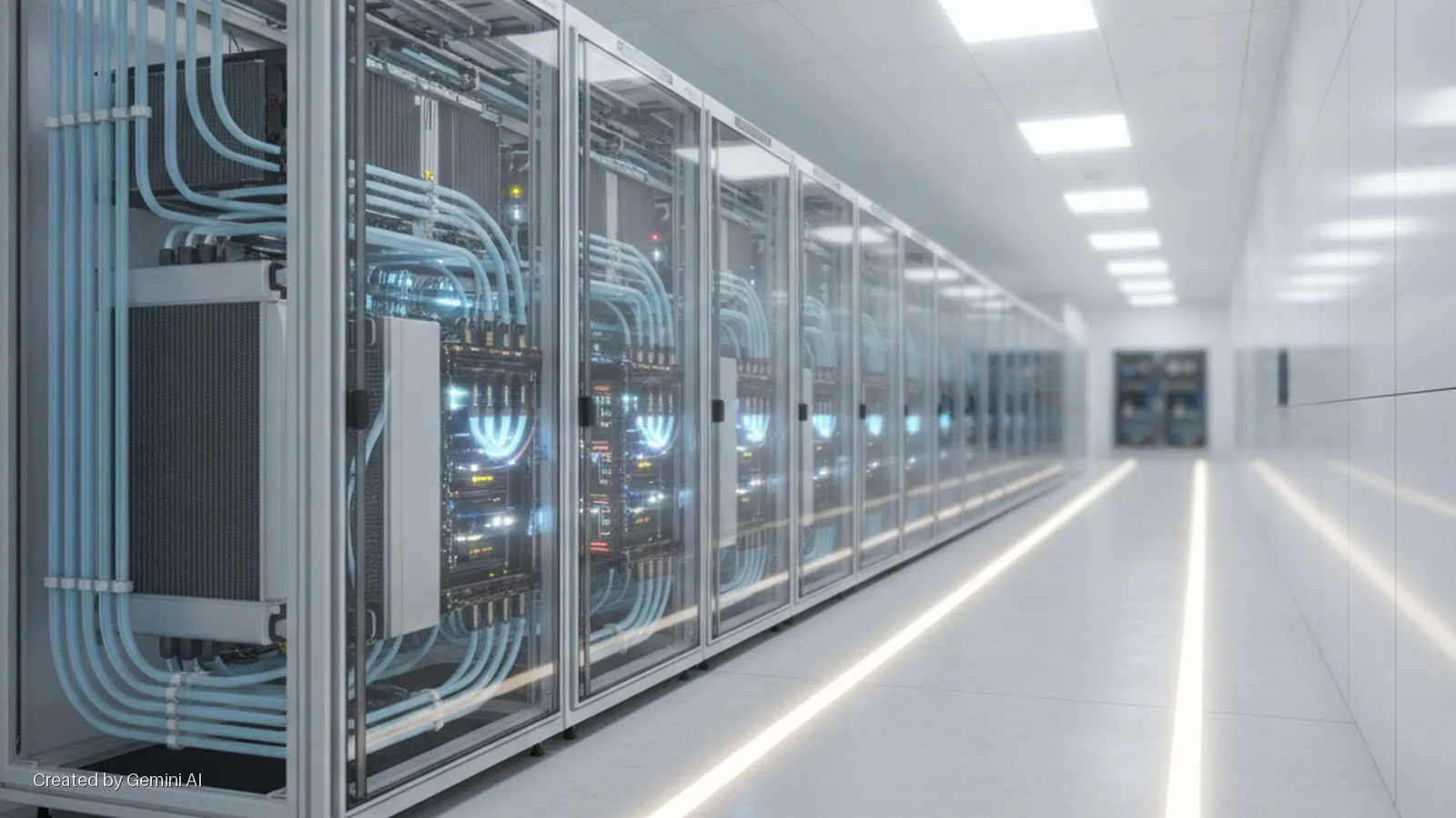 A brightly lit data center aisle features rows of glass-fronted server racks with visible light blue liquid cooling tubes and glowing internal components, illuminated by linear floor and ceiling lights.