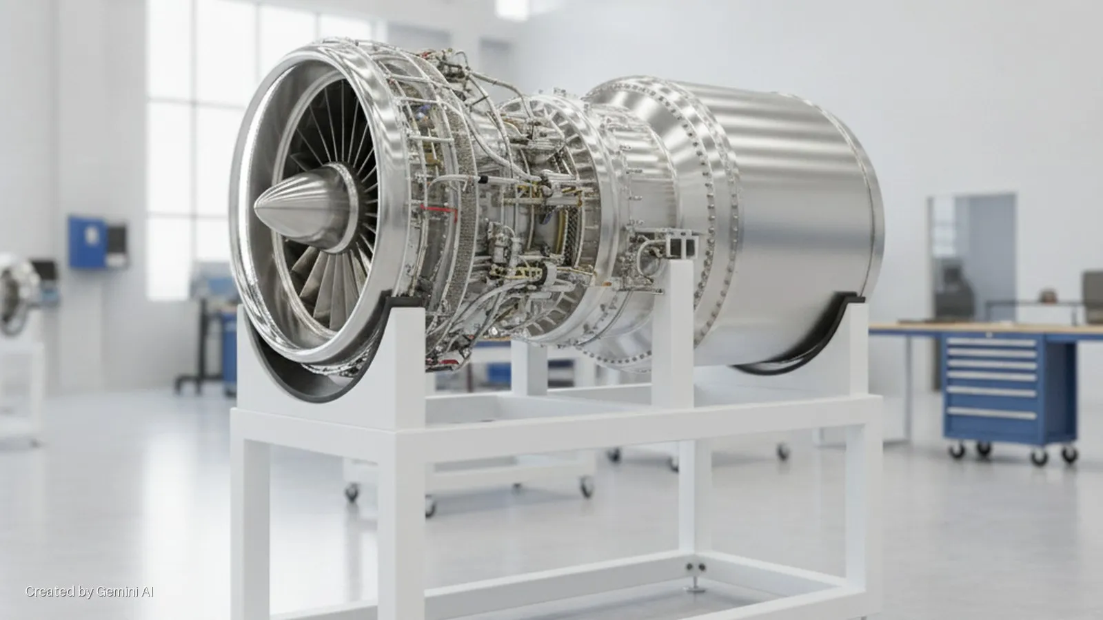 A gleaming silver jet engine rests on a white stand in a brightly lit workshop with large windows and a blue tool cabinet in the background.