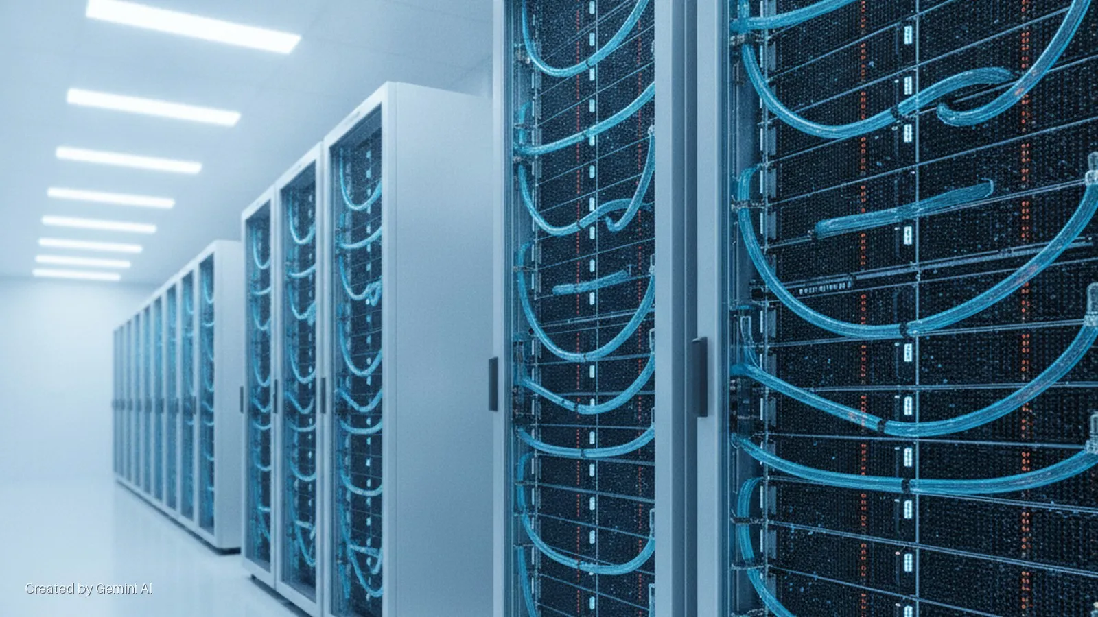 A brightly lit, cool-toned data center aisle with rows of server racks displaying blue data cables under rectangular ceiling lights.