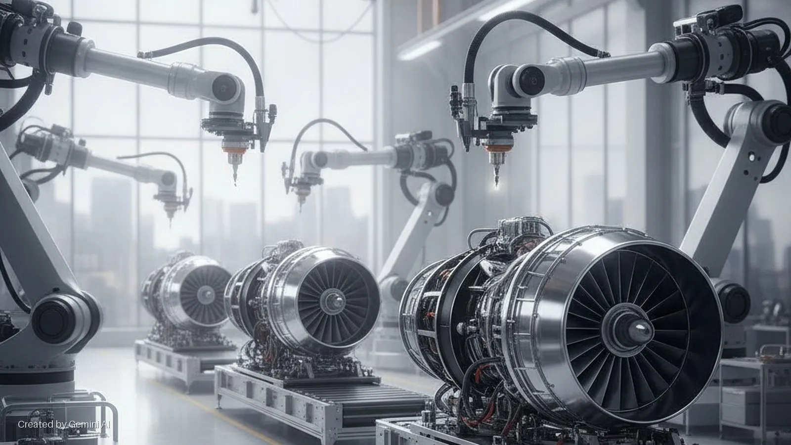 Robotic arms work on multiple jet engines on an assembly line in a brightly lit factory, with a hazy city skyline visible through large windows.