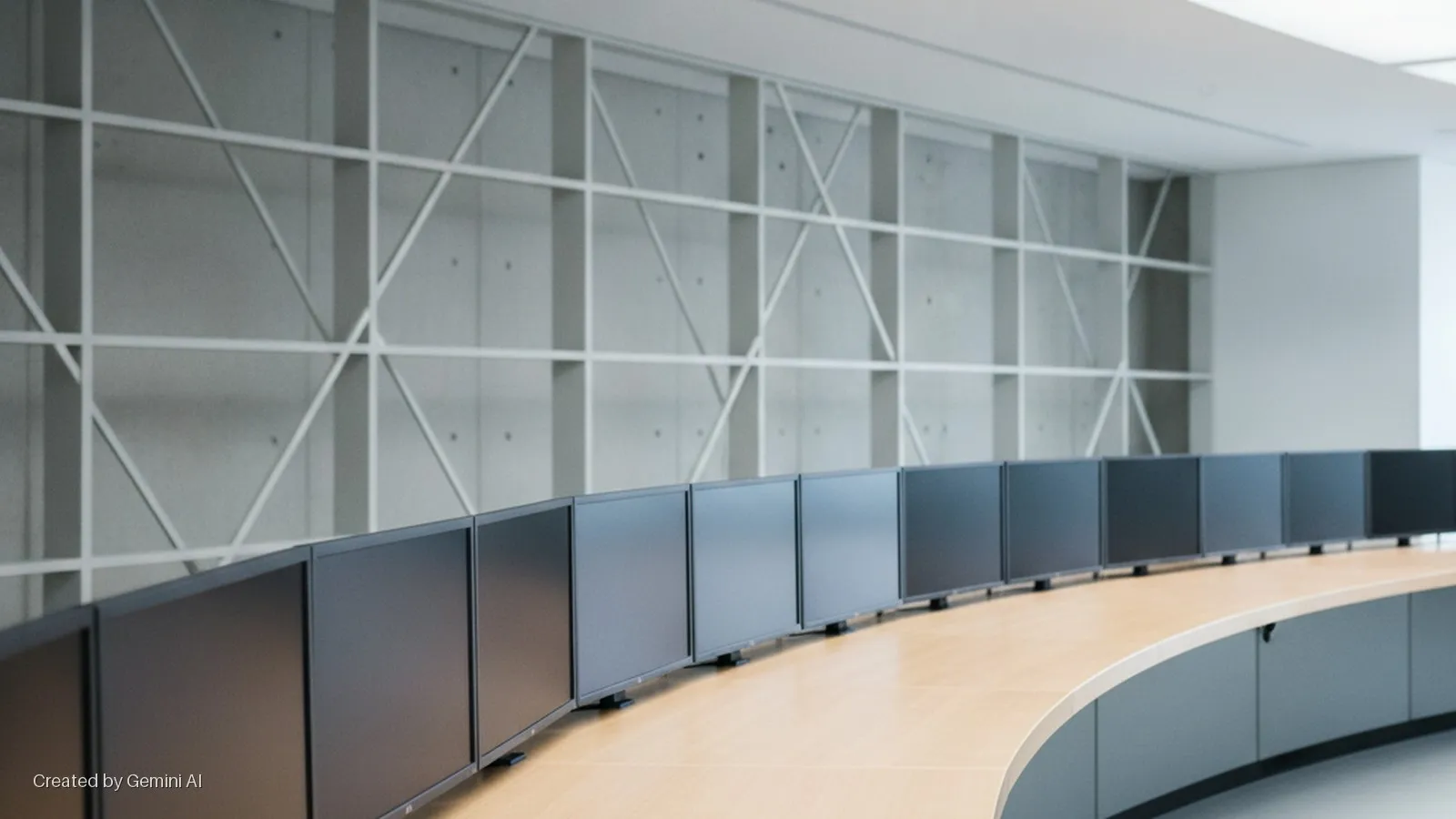 A bright, modern meeting room featuring a curved wooden desk lined with black monitors, set against a concrete wall adorned with a white geometric grid.