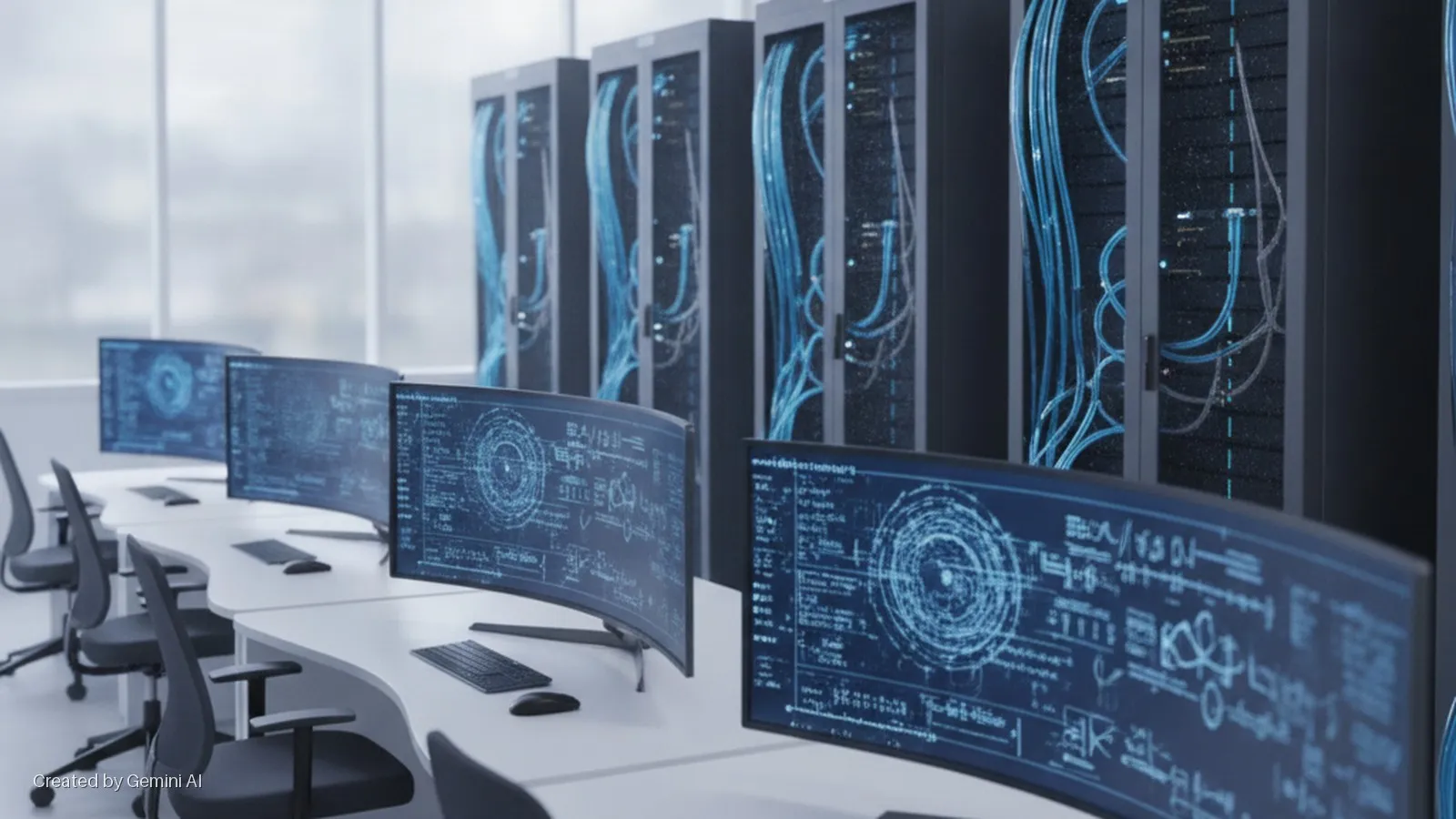 A brightly lit data center control room features rows of server racks with glowing blue cables, multiple curved monitors displaying abstract blue data, white desks, and office chairs.
