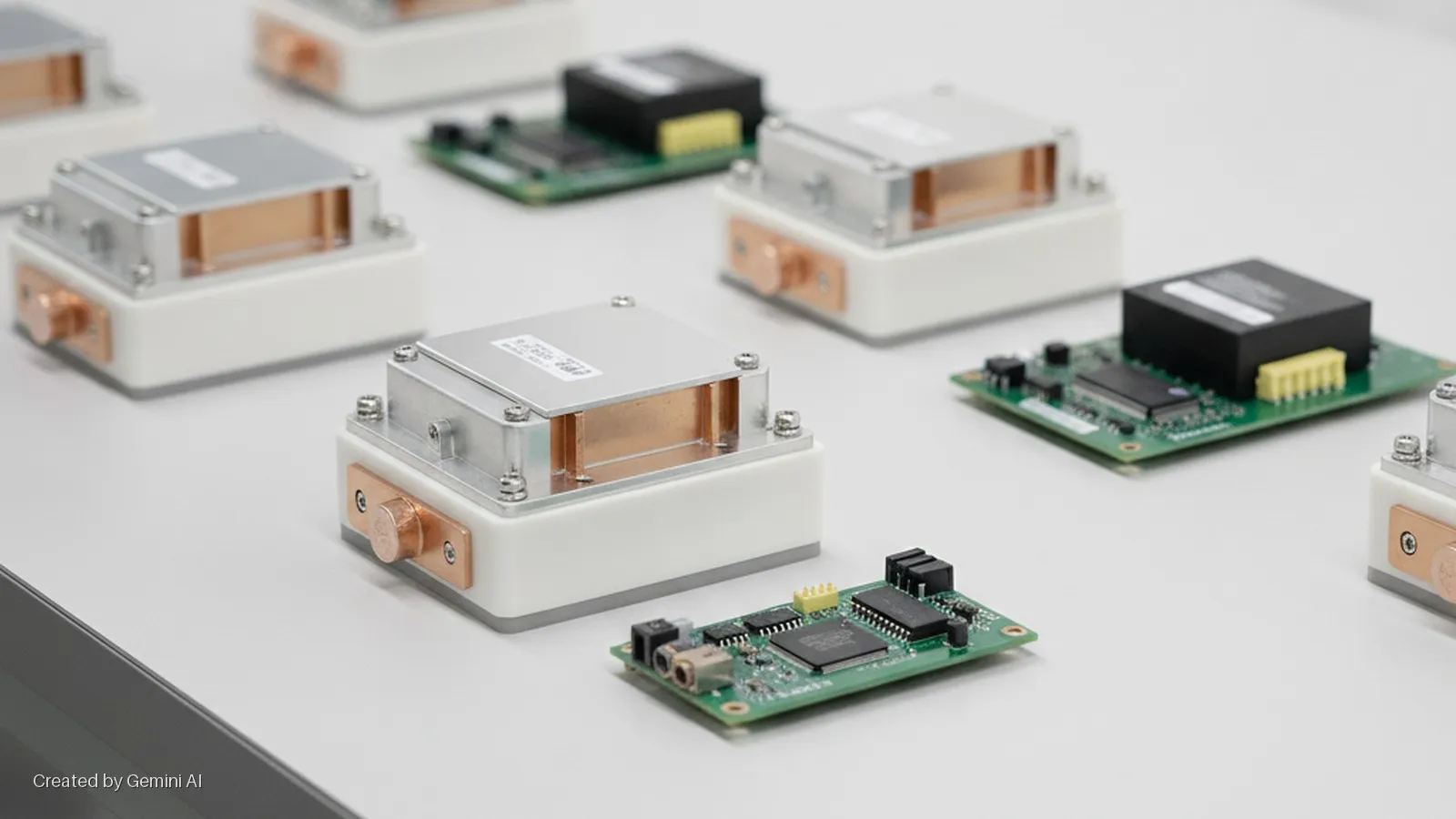 Electronic modules with silver cases and copper terminals are displayed alongside green circuit boards on a brightly lit white surface.