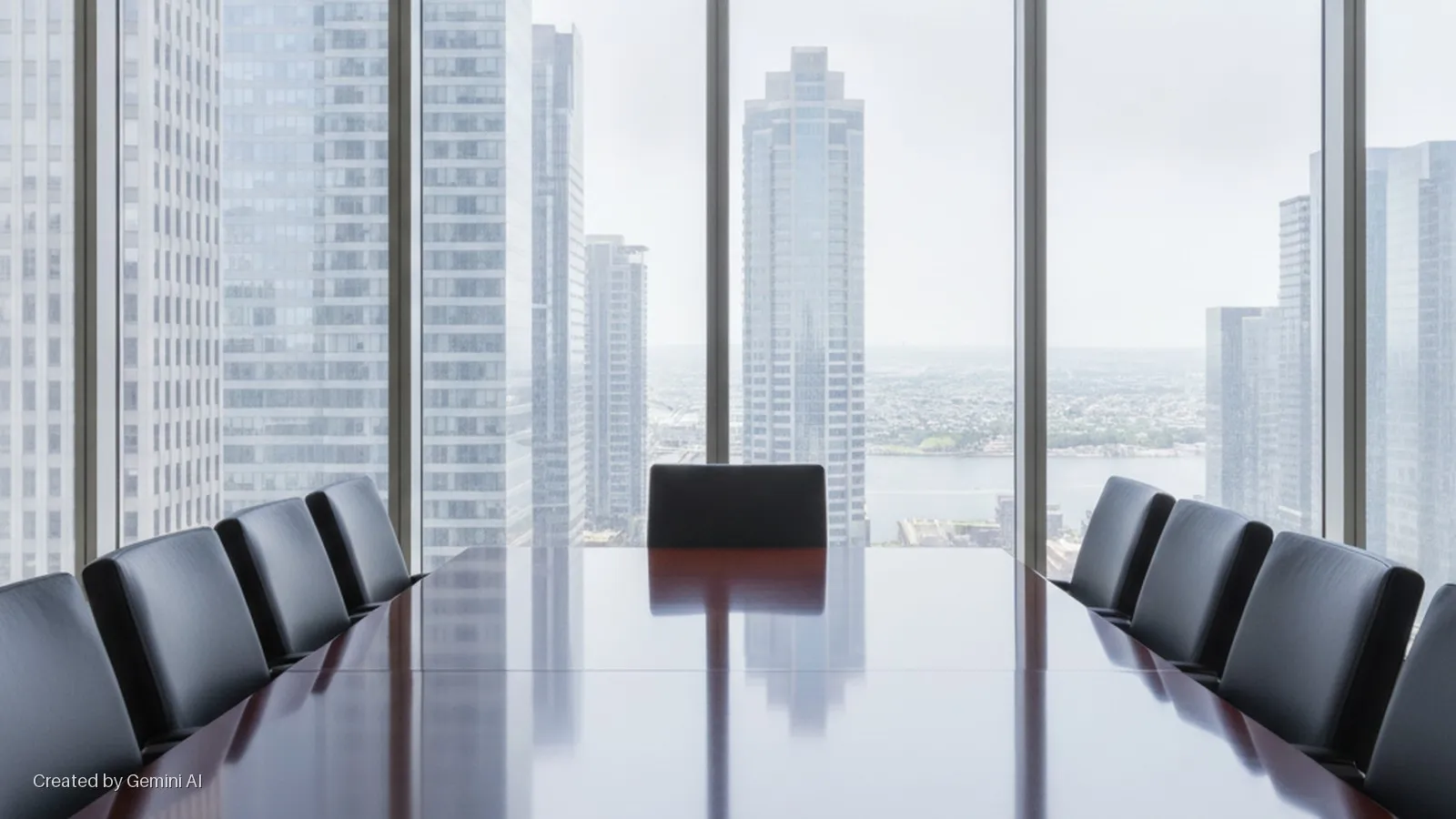 A modern conference room features a long, polished wooden table surrounded by black leather chairs, bathed in natural light from expansive windows offering a high-rise view of a city skyline, numerous skyscrapers, and a body of water.