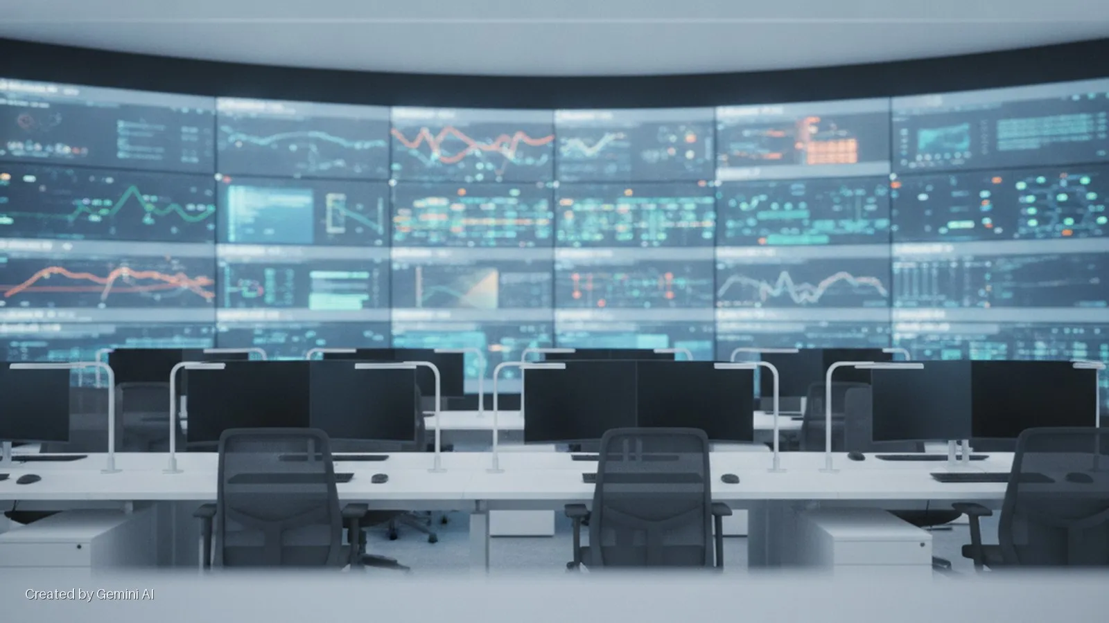 A dimly lit control room features a large, curved wall of glowing data displays above rows of desks with black monitors, white desk lamps, and black office chairs.