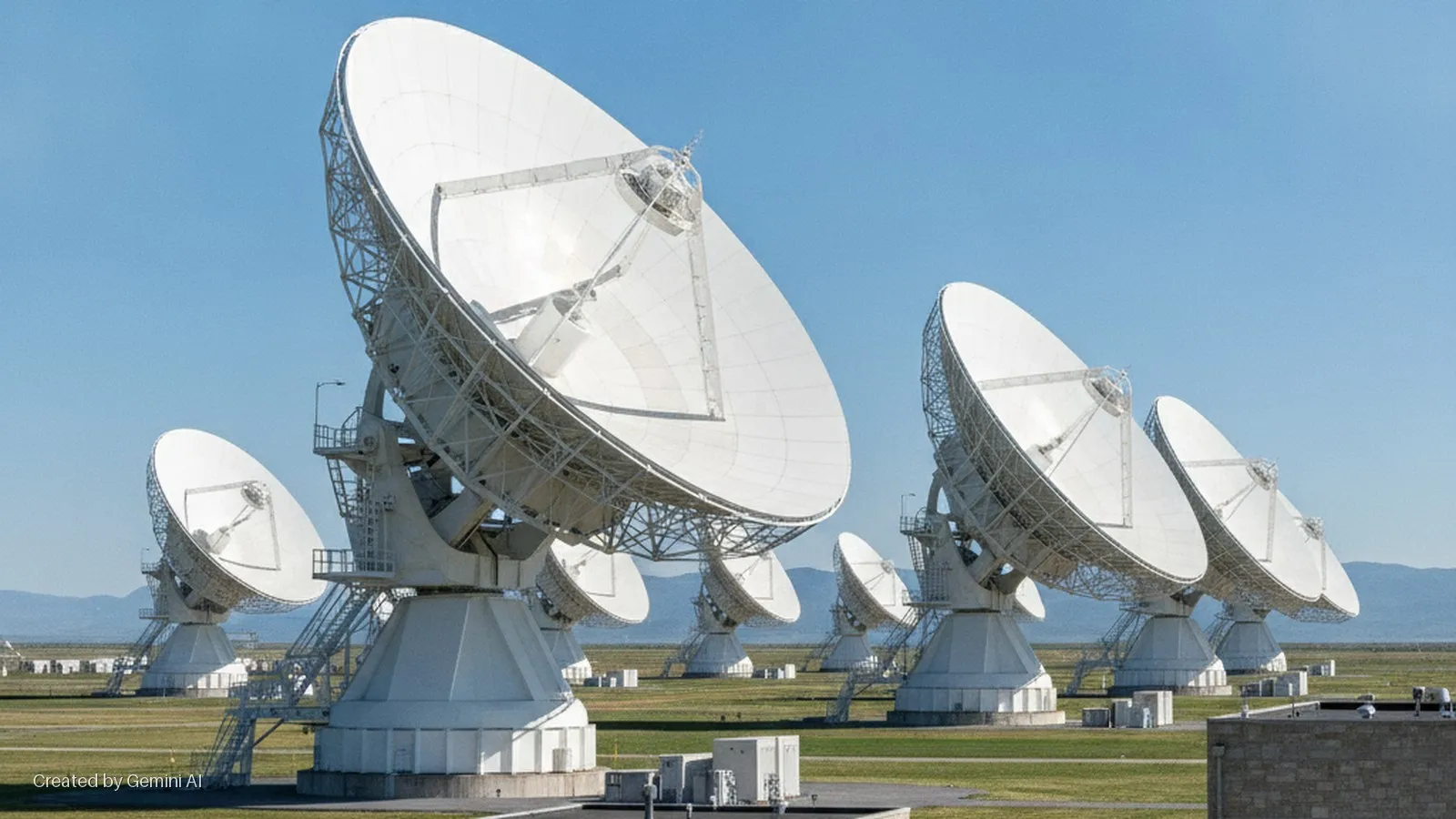 Several large white radio telescopes stand on a wide green field under a clear blue sky with distant mountains, illuminated by bright sunlight.