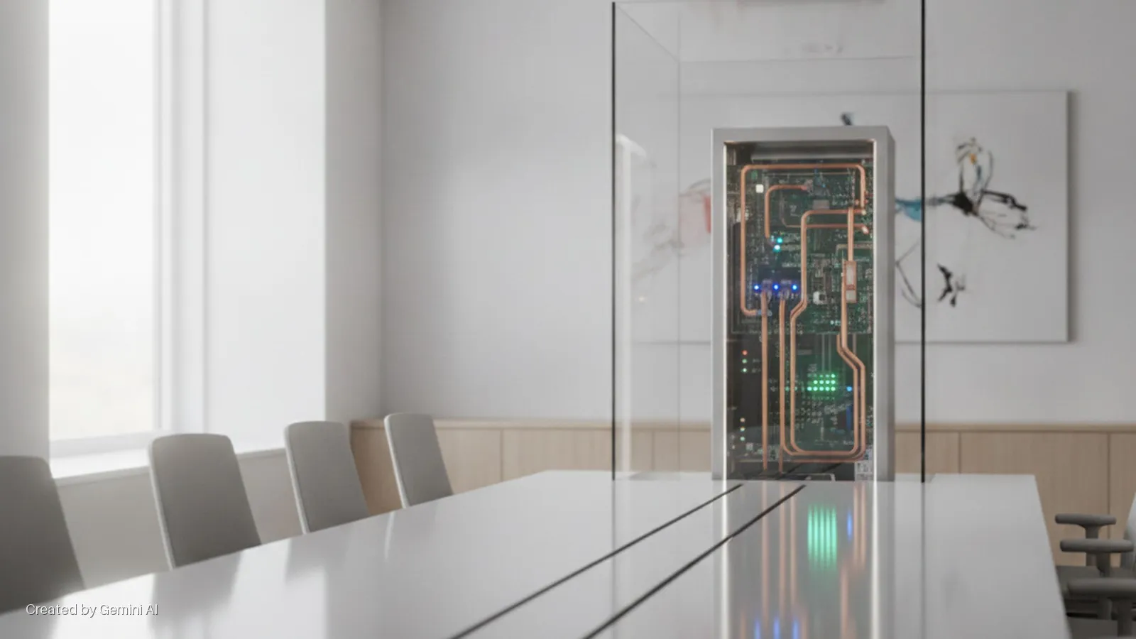 A brightly lit modern conference room with a long white table and gray chairs features a clear vertical display case exhibiting an illuminated circuit board with copper tubing, next to a large window.
