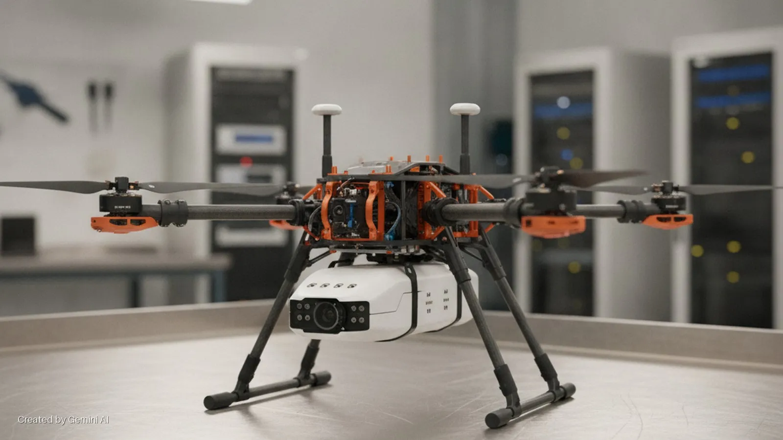 A quadcopter drone with an orange and black frame and a white camera payload rests on a metallic surface in a well-lit indoor laboratory.