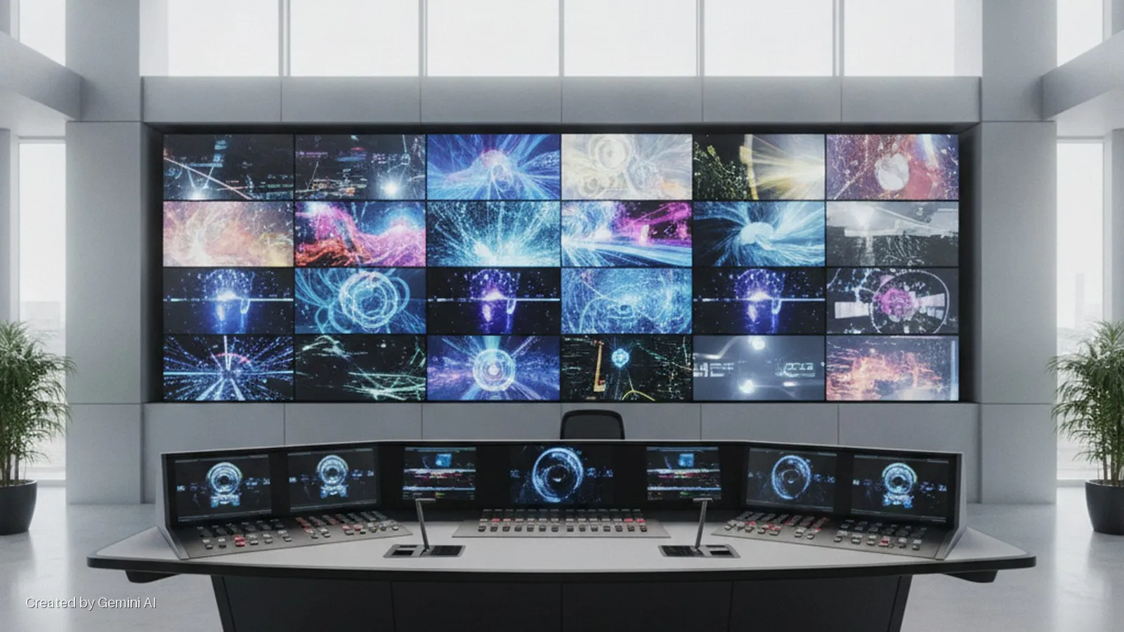 A modern control room features a large wall of multiple screens displaying abstract digital patterns, a control desk with several monitors, buttons, and joysticks, an office chair, and two potted plants, all brightly lit by large windows.