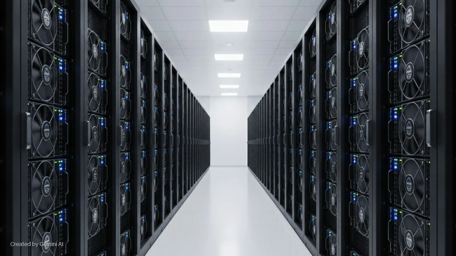 A brightly lit data center corridor with rows of black server racks on both sides, each unit displaying cooling fans and active blue and green indicator lights.