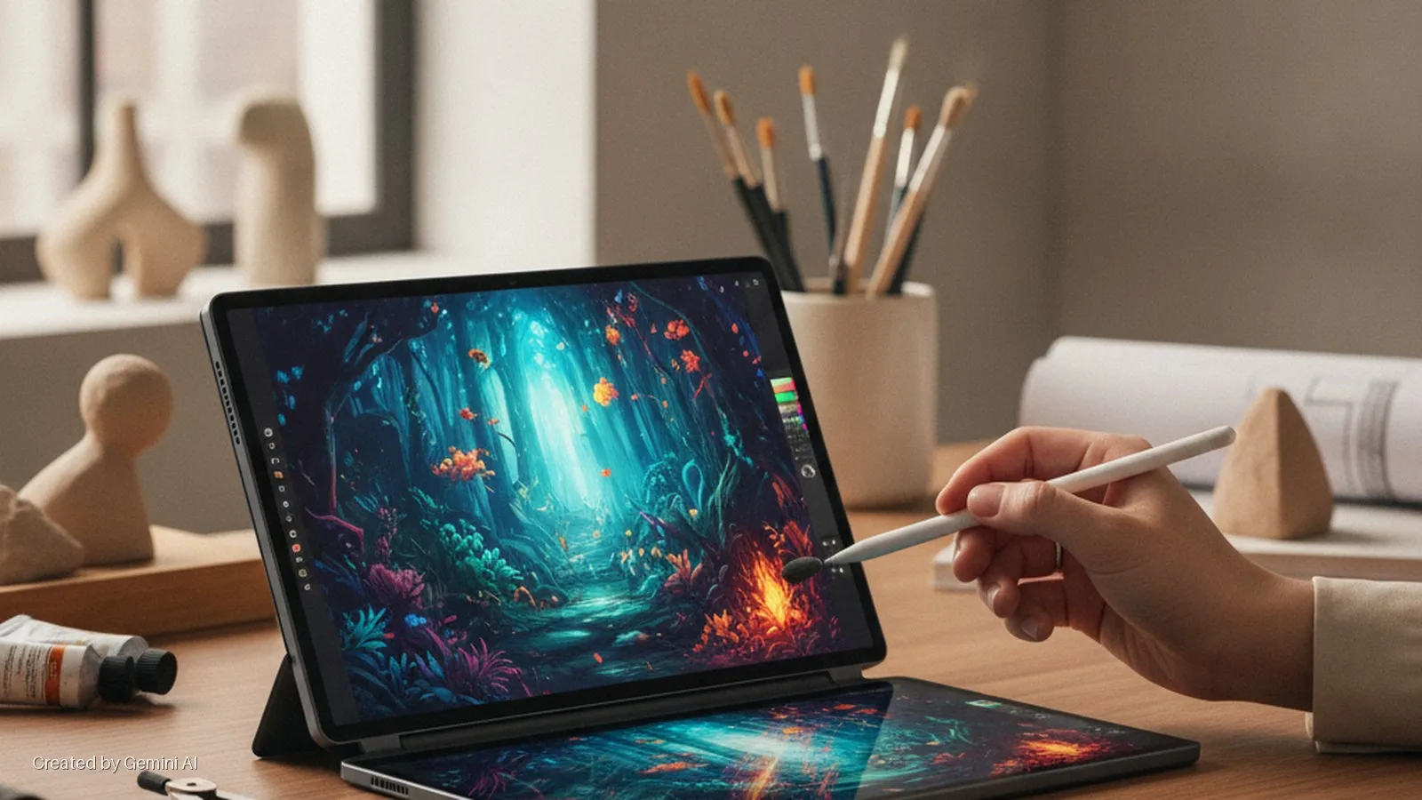 A hand with a white stylus draws on a tablet displaying a vibrant digital painting of a glowing fantasy forest, positioned on a wooden desk with art supplies and a second tablet reflecting the image, illuminated by bright indoor light.