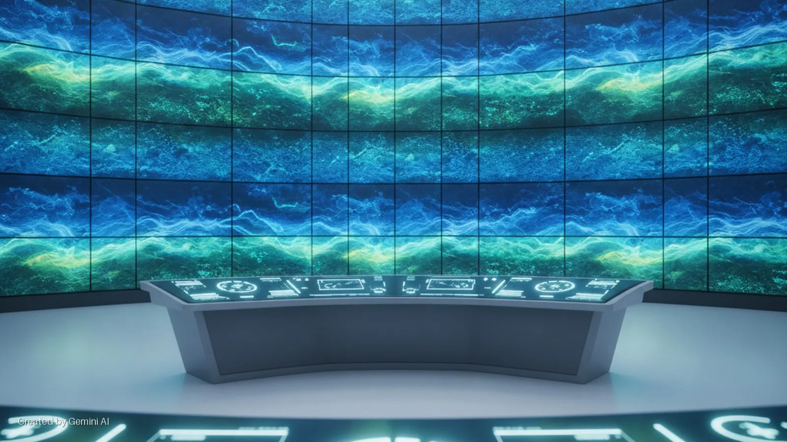 A futuristic control room features a curved video wall displaying abstract blue and green energetic patterns, a gray control desk with multiple glowing interfaces, and illuminated blue elements on the floor.