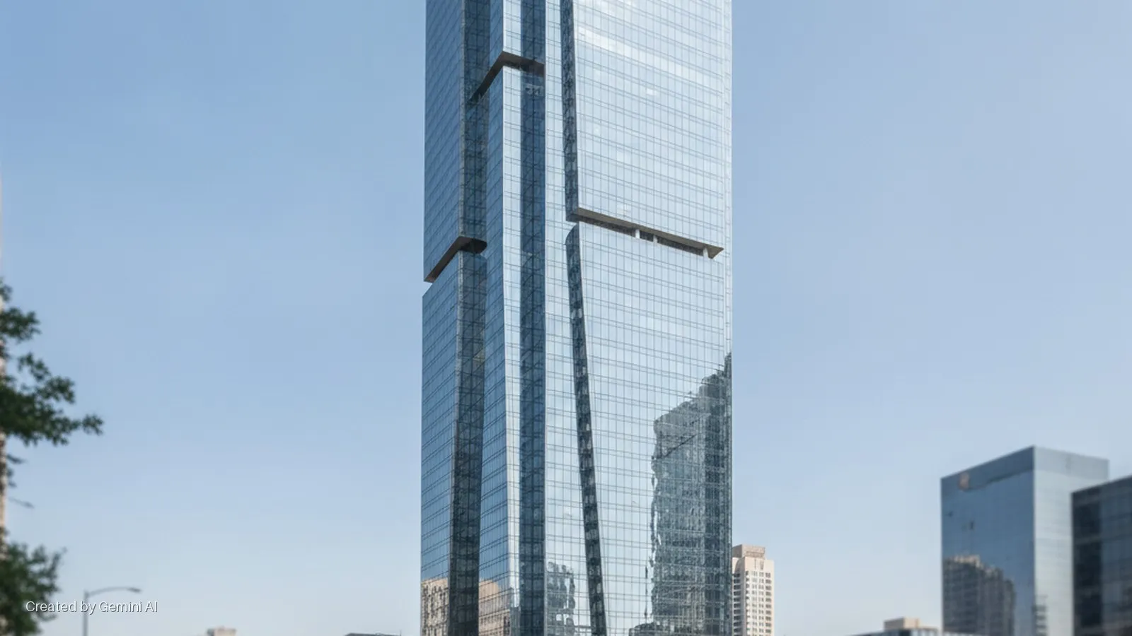 A towering glass skyscraper with dark, recessed horizontal bands reflects the clear blue sky and other city buildings under bright daylight.