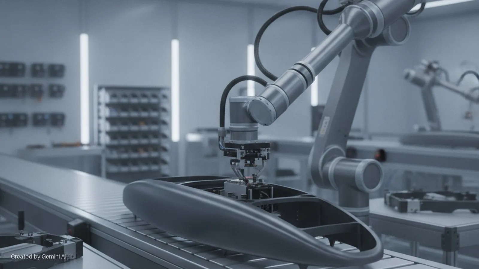 A robotic arm precisely installs components into an open, aerodynamic casing on a conveyor belt in a brightly lit, automated factory setting with other machinery and shelving visible in the background.