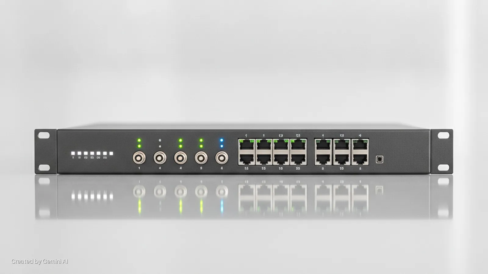 A dark grey rack-mountable network device featuring a row of white status lights, six labeled BNC connectors with active green and blue LEDs, eight RJ45 Ethernet ports with green link lights, and a USB port, resting on a reflective light gr