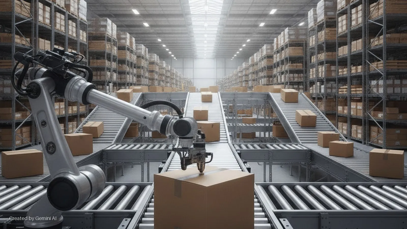 A robotic arm labels a cardboard box on a conveyor system in a brightly lit automated warehouse, with towering shelves packed with numerous cardboard boxes extending into the distance.