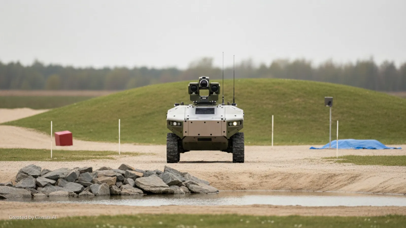 A military-style unmanned ground vehicle with a central sensor turret stands on a dirt and grass testing ground with a pile of rocks and a small puddle in the foreground, and a red cube, blue tarp, marker poles, grassy hills, and distant tr
