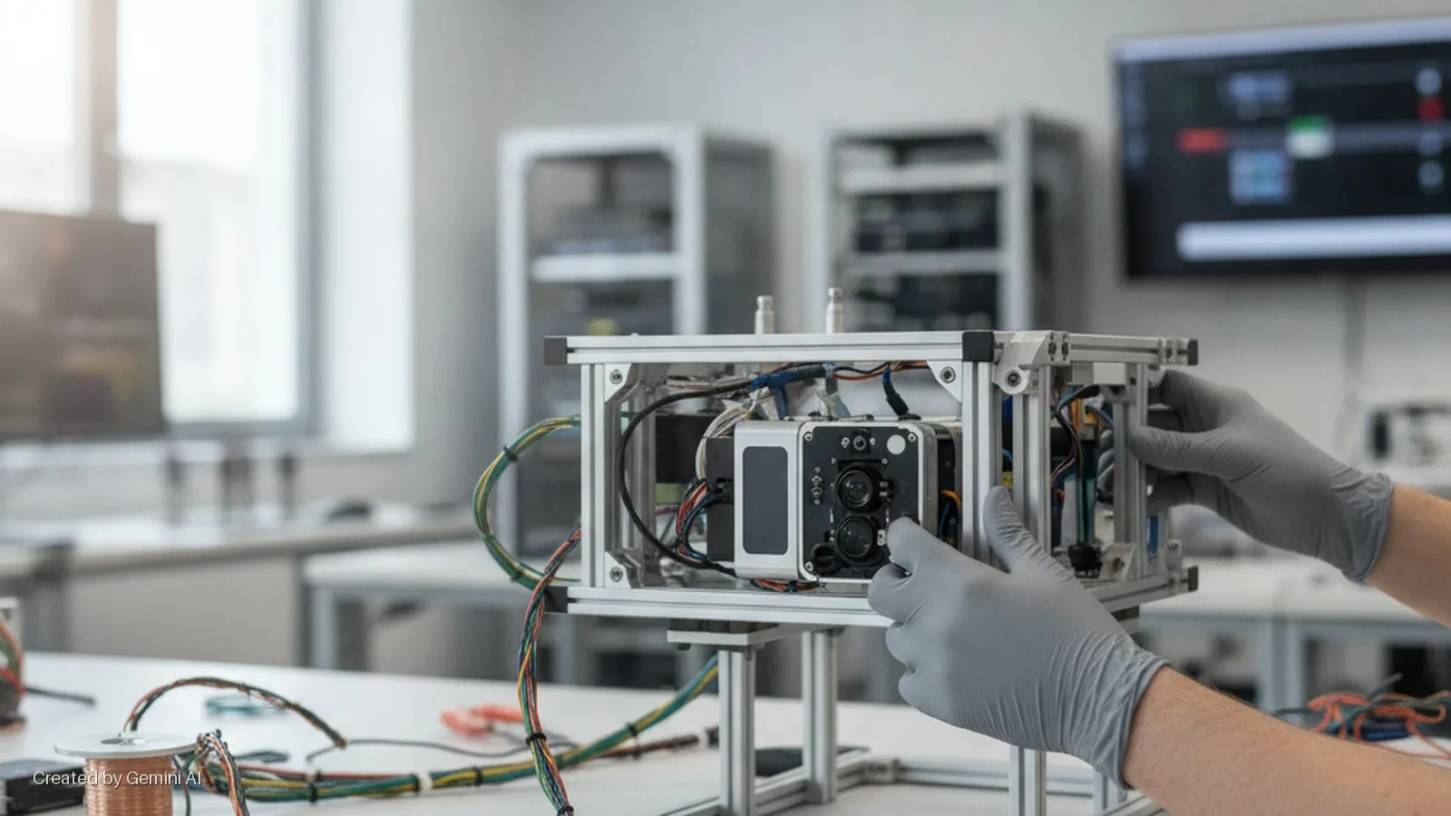 Gloved hands adjust a multi-lens sensor system mounted in an aluminum frame, surrounded by wires on a white lab desk, with computer screens and equipment shelves in a brightly lit room.