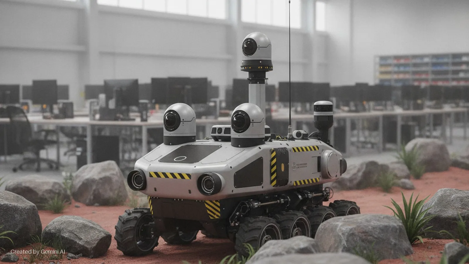 A futuristic grey and black robotic rover with multiple cameras and an antenna stands on reddish, rocky ground with sparse green plants, against a brightly lit, blurred office interior featuring rows of desks and computers.
