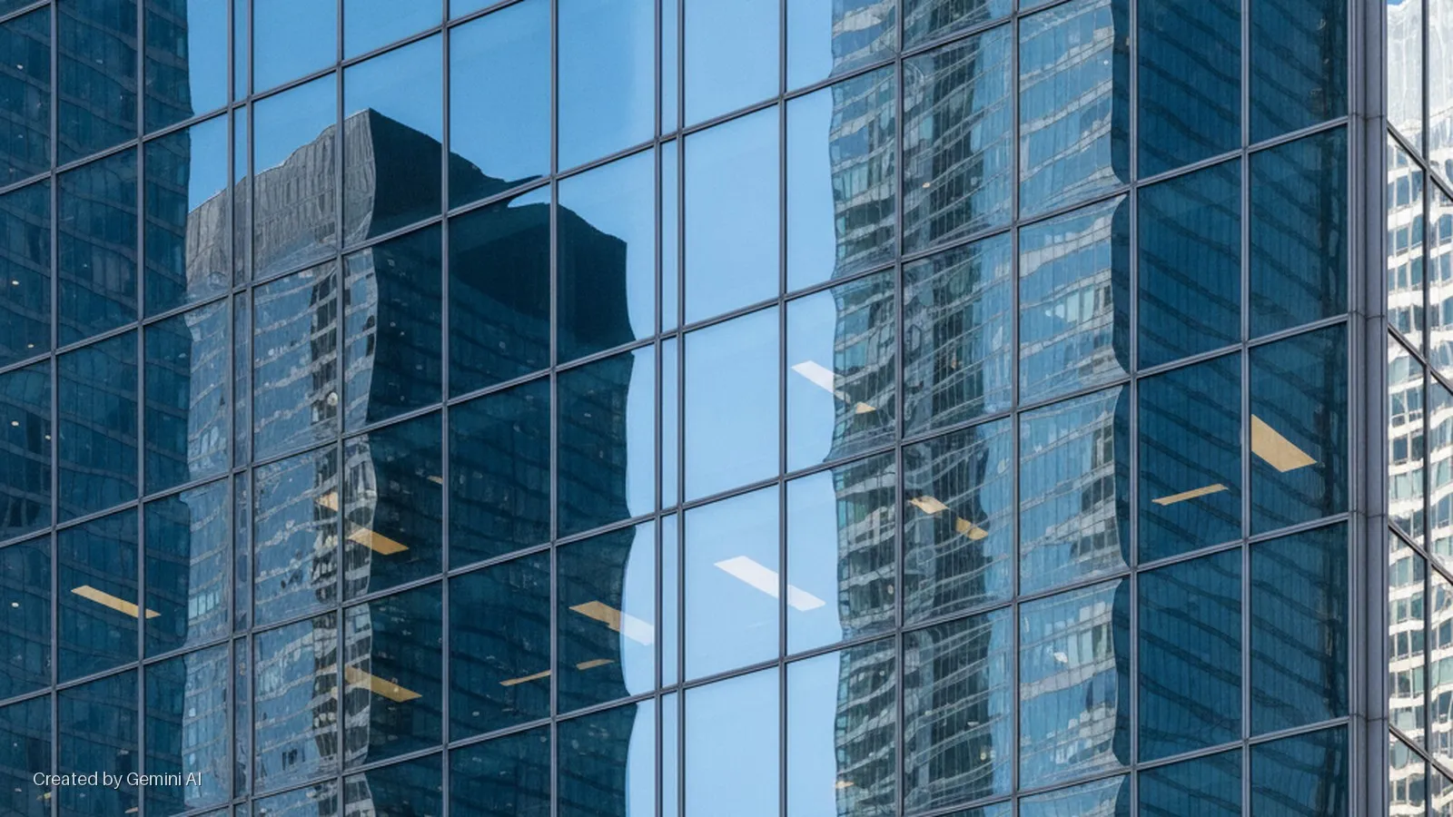 Exterior view of a modern glass building featuring a grid of window frames, reflecting other tall buildings and a clear blue sky under bright daylight.