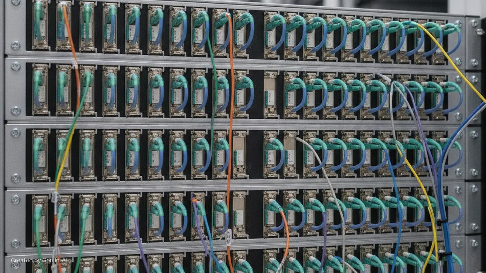 Several rows of networking transceivers mounted in a silver server rack, predominantly connected by looped green and blue fiber optic cables, with orange, yellow, purple, and white fiber optic cables also running vertically across the front