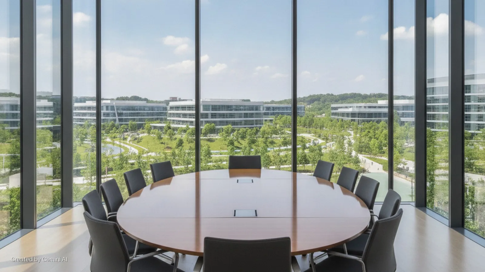 Brightly lit modern conference room with an oval wooden table and black chairs, offering a panoramic view through floor-to-ceiling windows of a green corporate campus with several office buildings, trees, paths, and a pond under a sunny sky