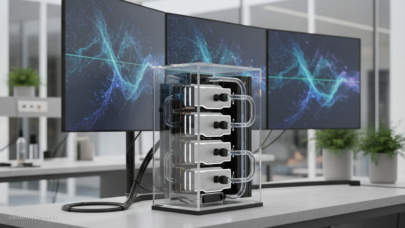 A transparent liquid-cooled computer with four stacked components sits on a white desk in a brightly lit office, positioned between three monitors displaying abstract blue and green waveforms.