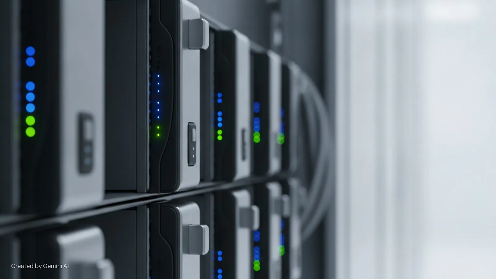 Server racks with rows of server units displaying glowing blue and green LED indicator lights in a dim data center.
