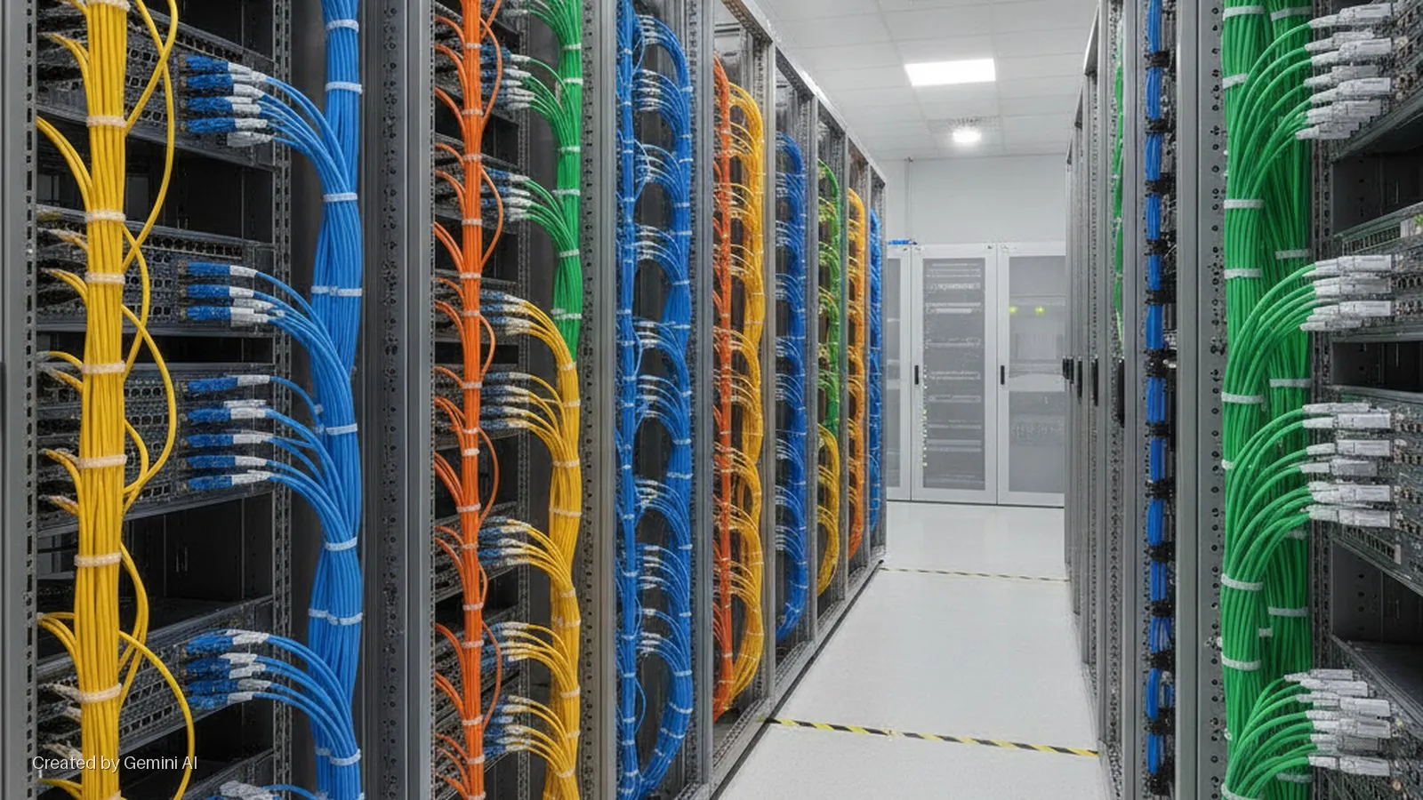 A brightly lit data center aisle features rows of server racks with neatly bundled yellow, blue, orange, and green data cables connecting equipment, leading to white server cabinets further down the hall.